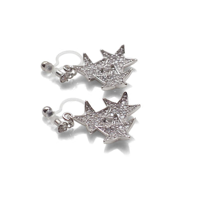 Triple Star micro pave cubic zirconia invisible clip on earrings ( silver tone ) - miyabigracejewelry.com