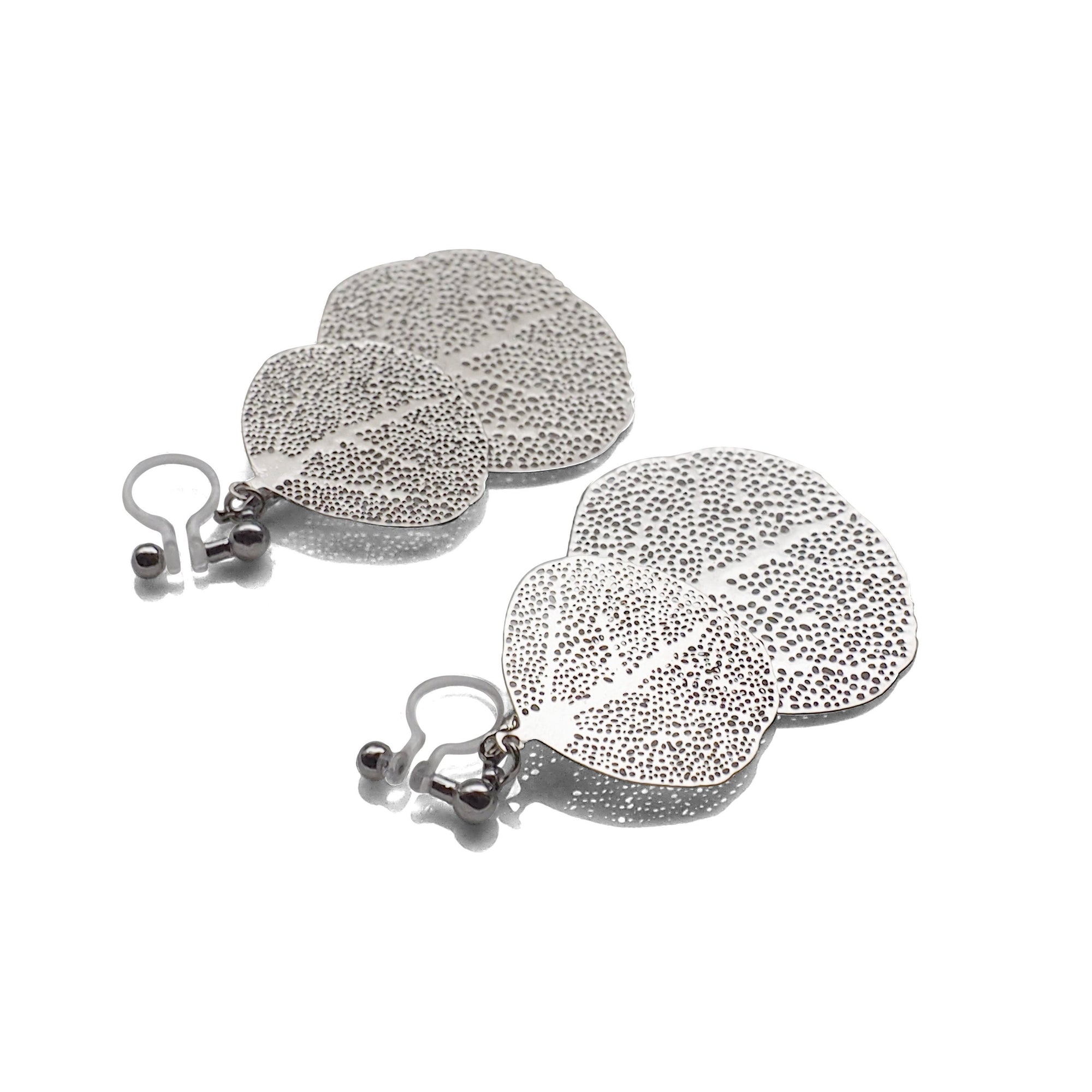 Silver two leaf filigree invisible clip on earrings - miyabigracejewelry.com