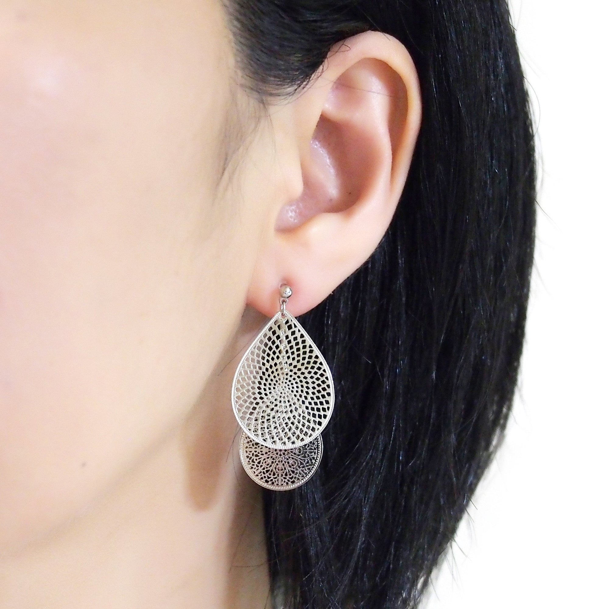 Dangle silver teardrop filigree invisible clip on earrings - miyabigracejewelry.com