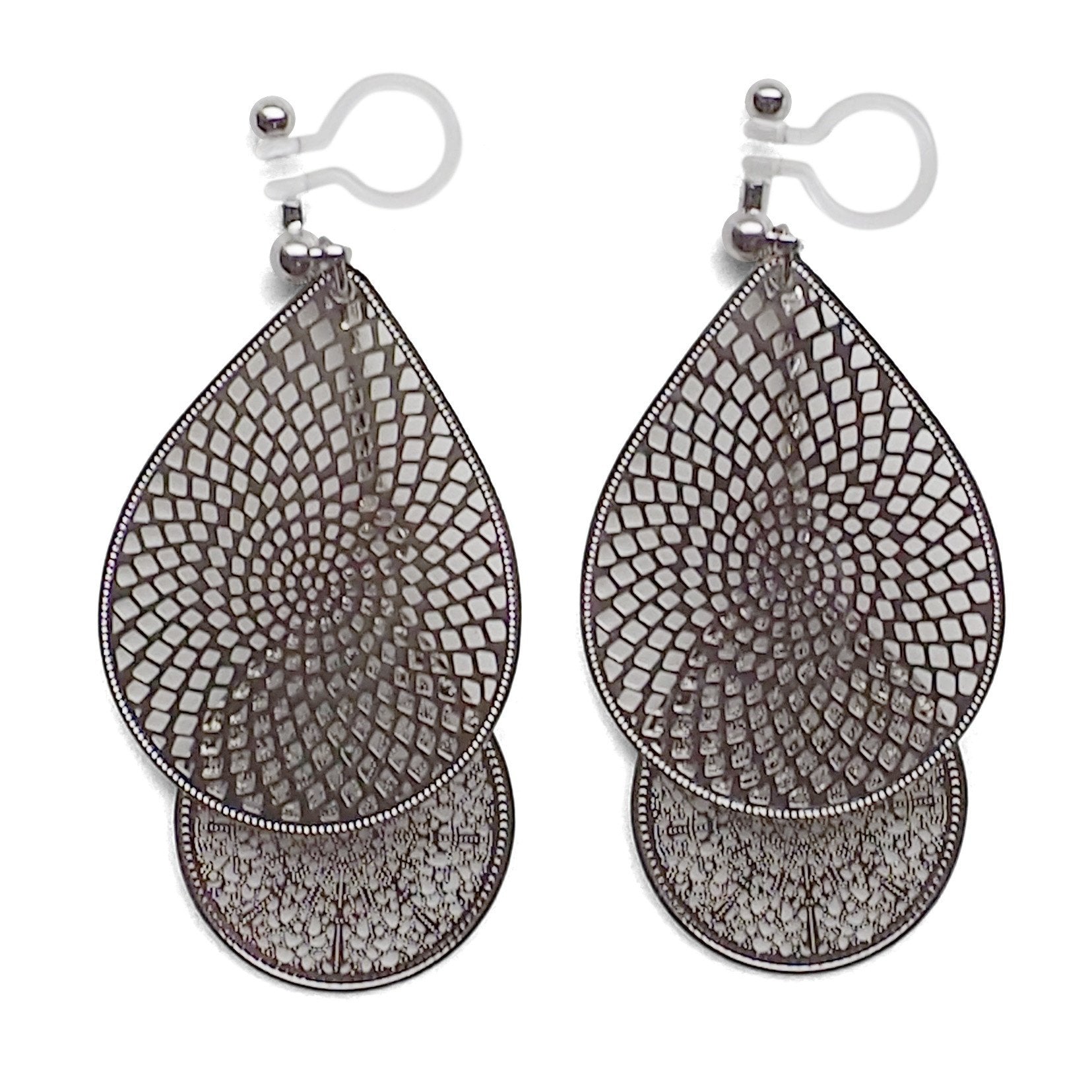 Dangle silver teardrop filigree invisible clip on earrings - miyabigracejewelry.com