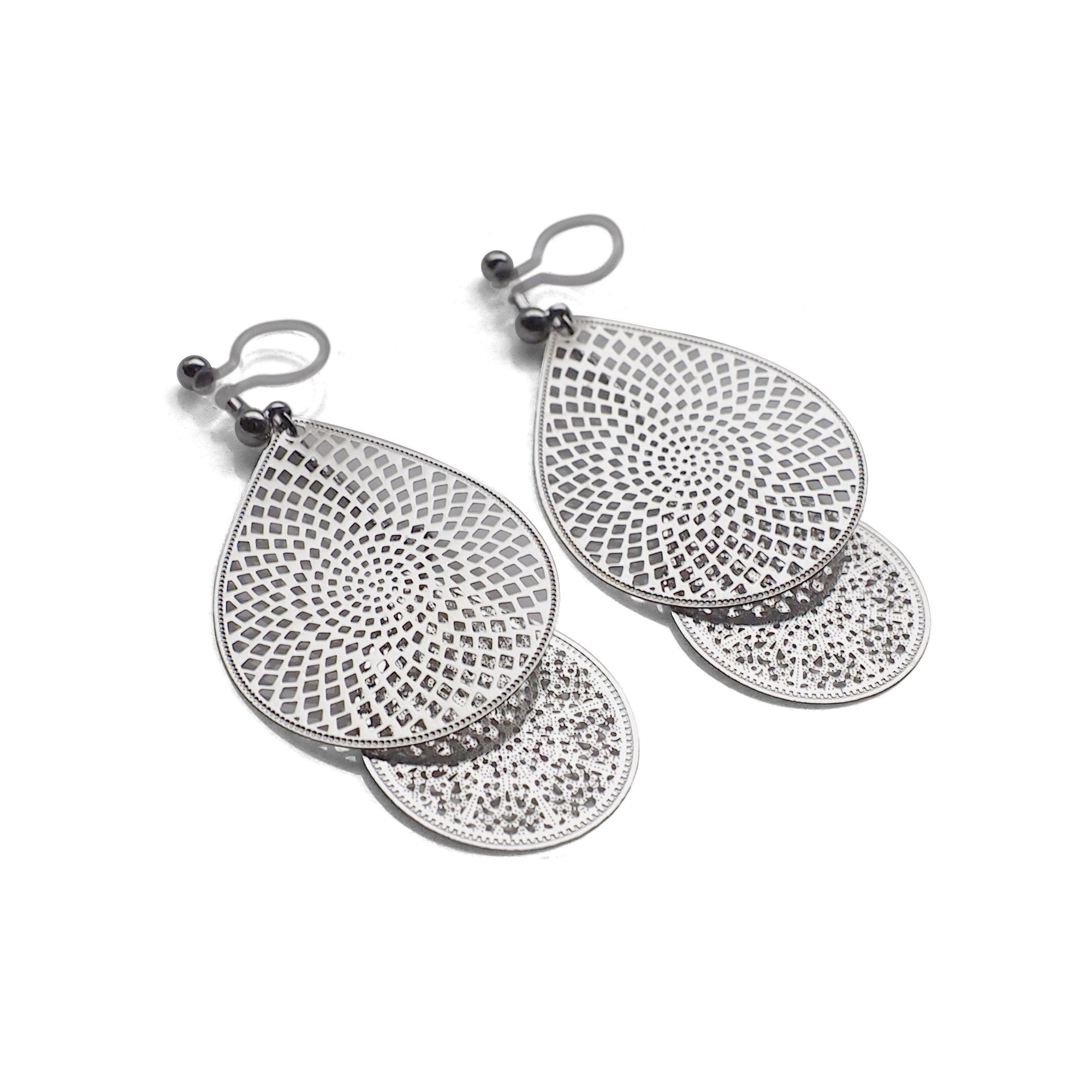 Dangle silver teardrop filigree invisible clip on earrings - miyabigracejewelry.com