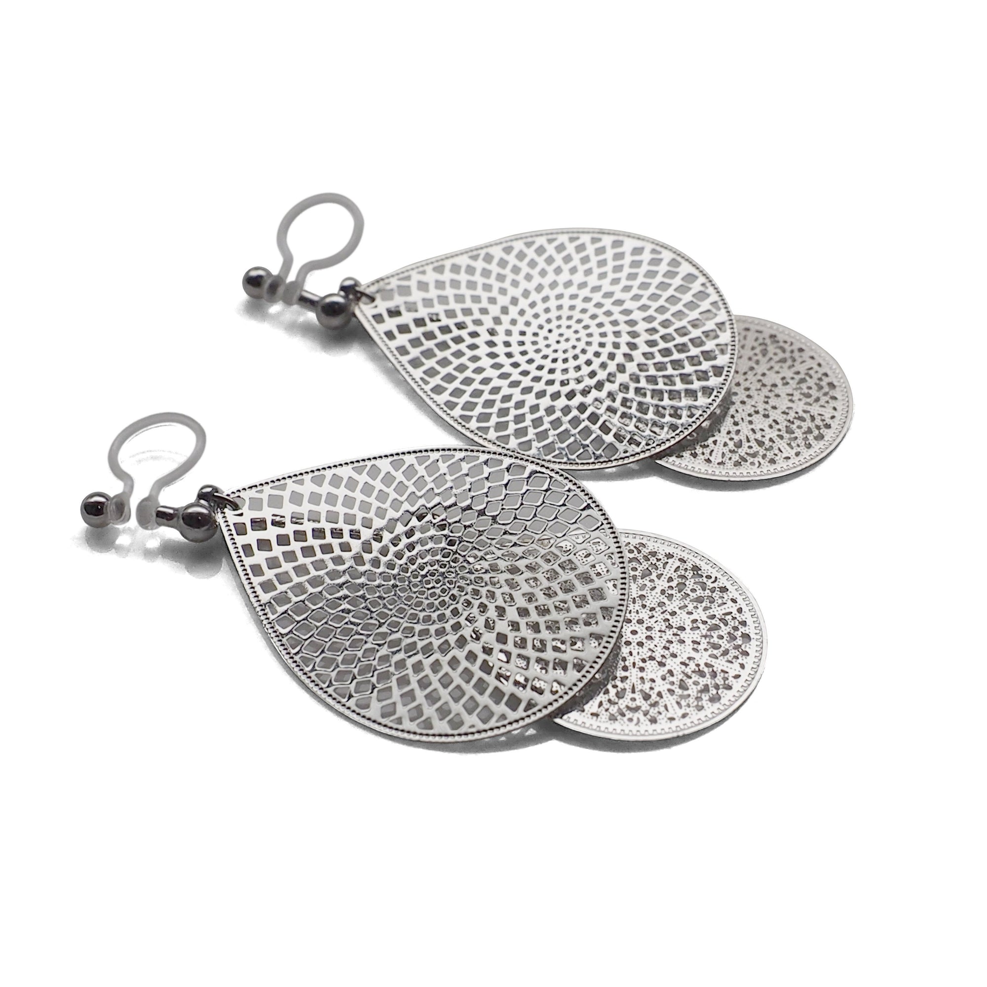 Dangle silver teardrop filigree invisible clip on earrings - miyabigracejewelry.com