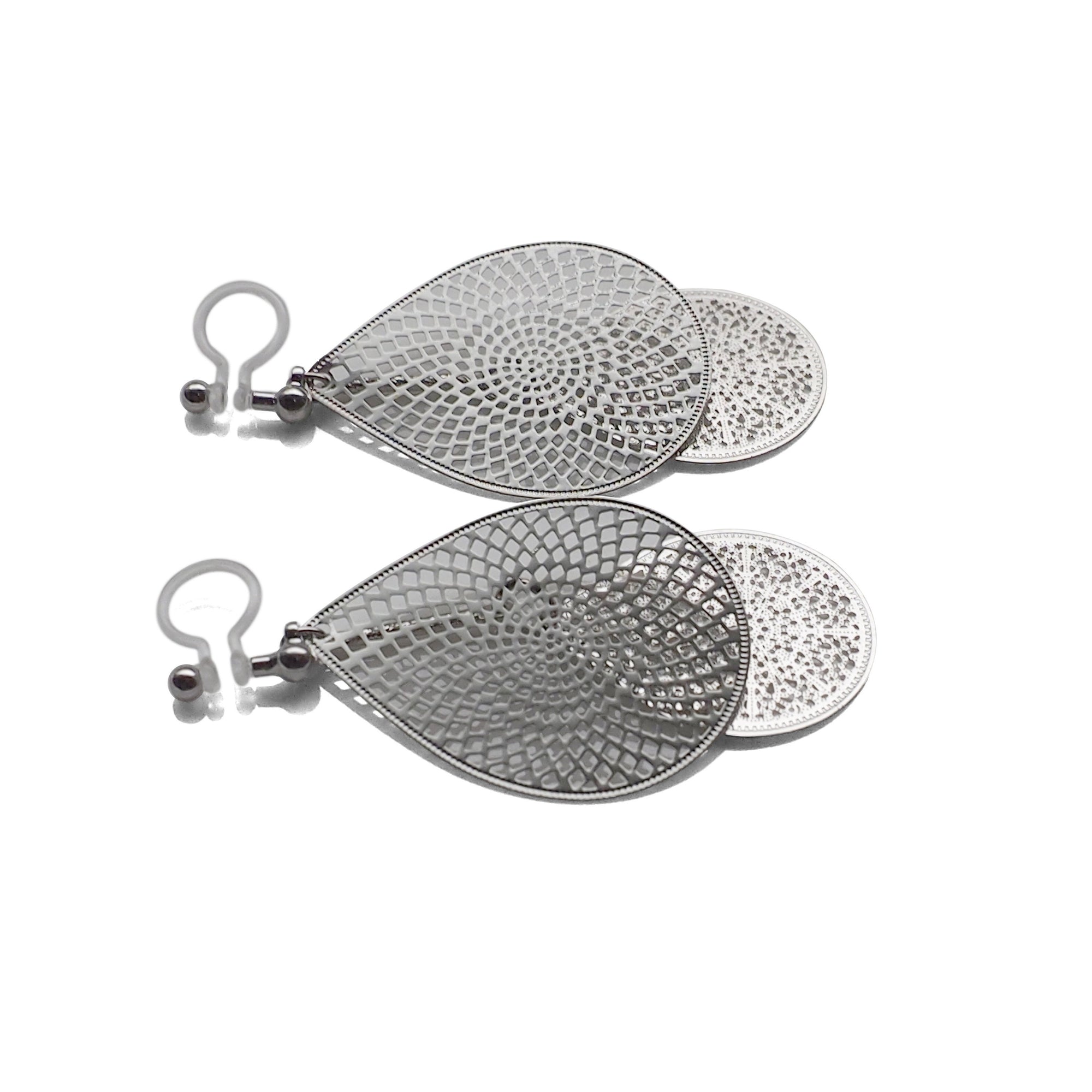 Dangle silver teardrop filigree invisible clip on earrings - miyabigracejewelry.com