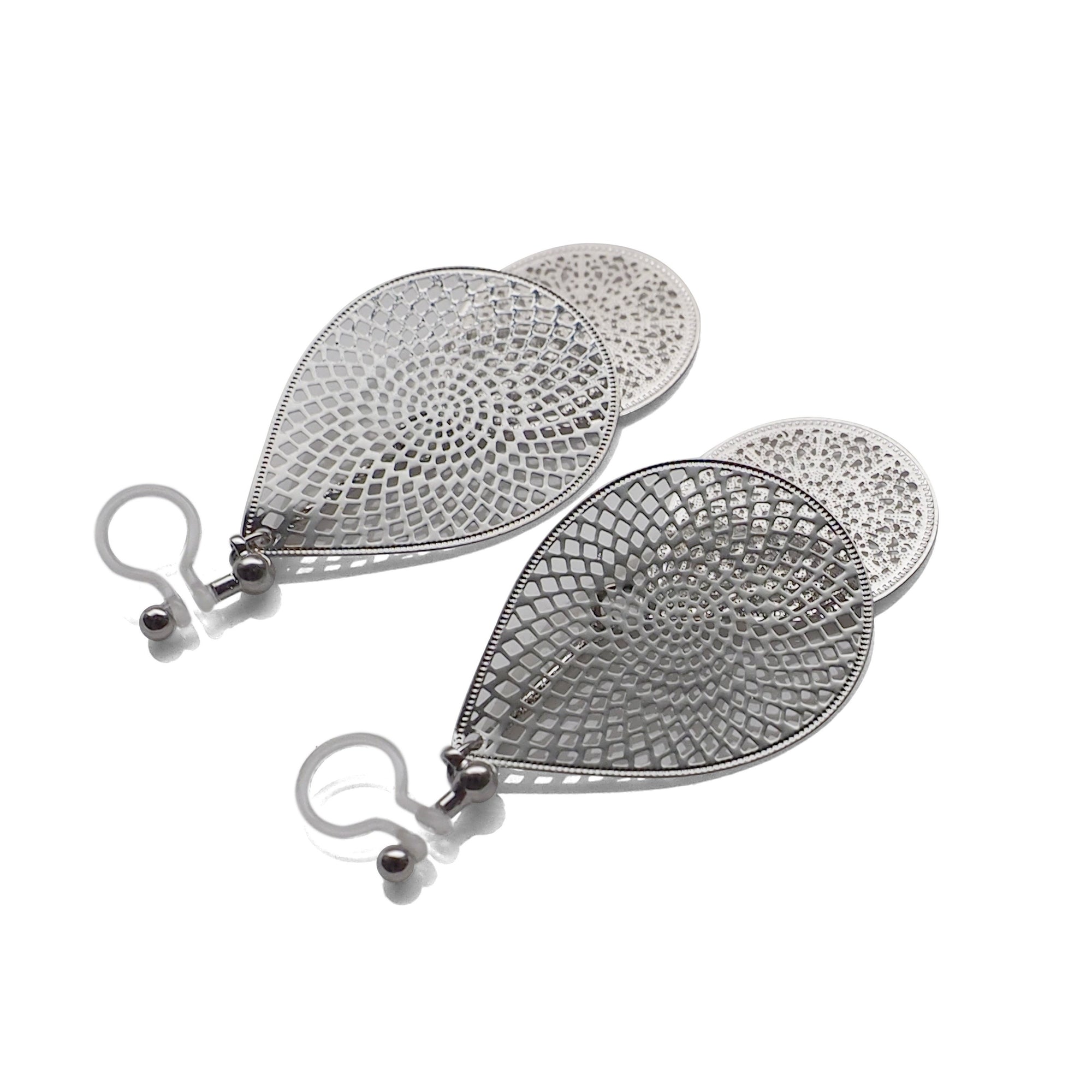 Dangle silver teardrop filigree invisible clip on earrings - miyabigracejewelry.com