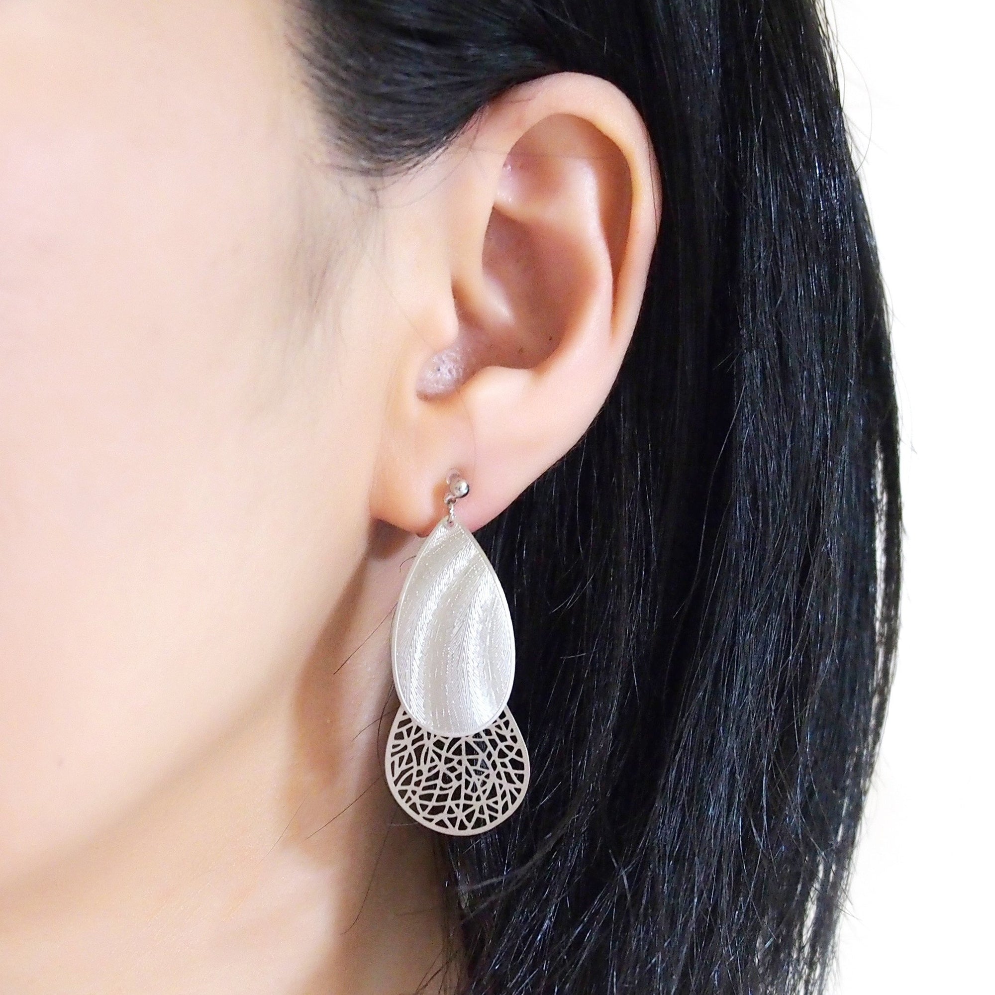 Textured  silver metal and teardrop filigree invisible clip on earrings - miyabigracejewelry.com