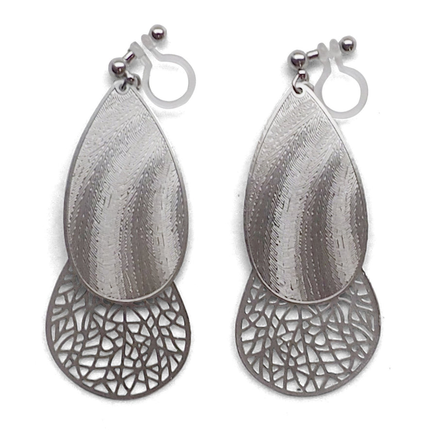 Textured  silver metal and teardrop filigree invisible clip on earrings - miyabigracejewelry.com