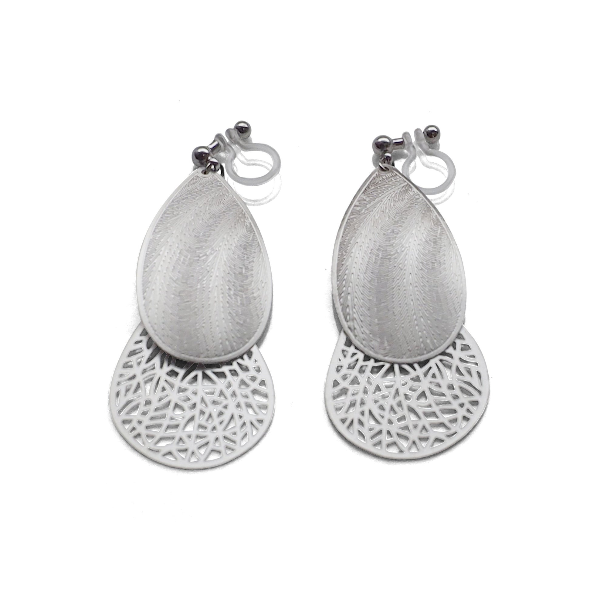 Textured  silver metal and teardrop filigree invisible clip on earrings - miyabigracejewelry.com
