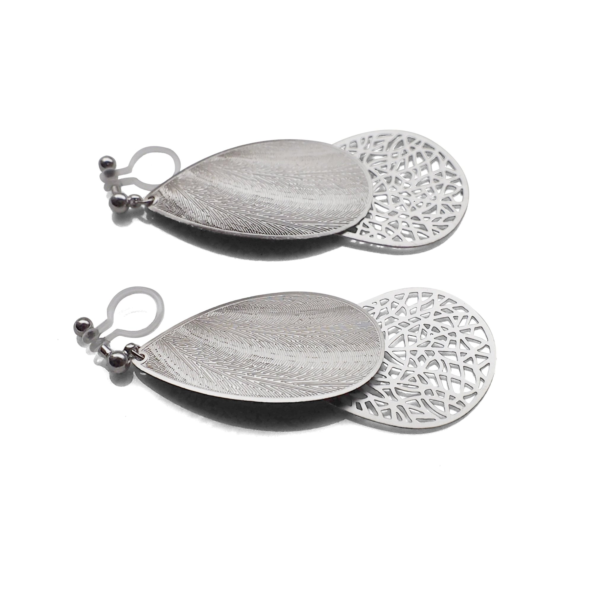 Textured  silver metal and teardrop filigree invisible clip on earrings - miyabigracejewelry.com