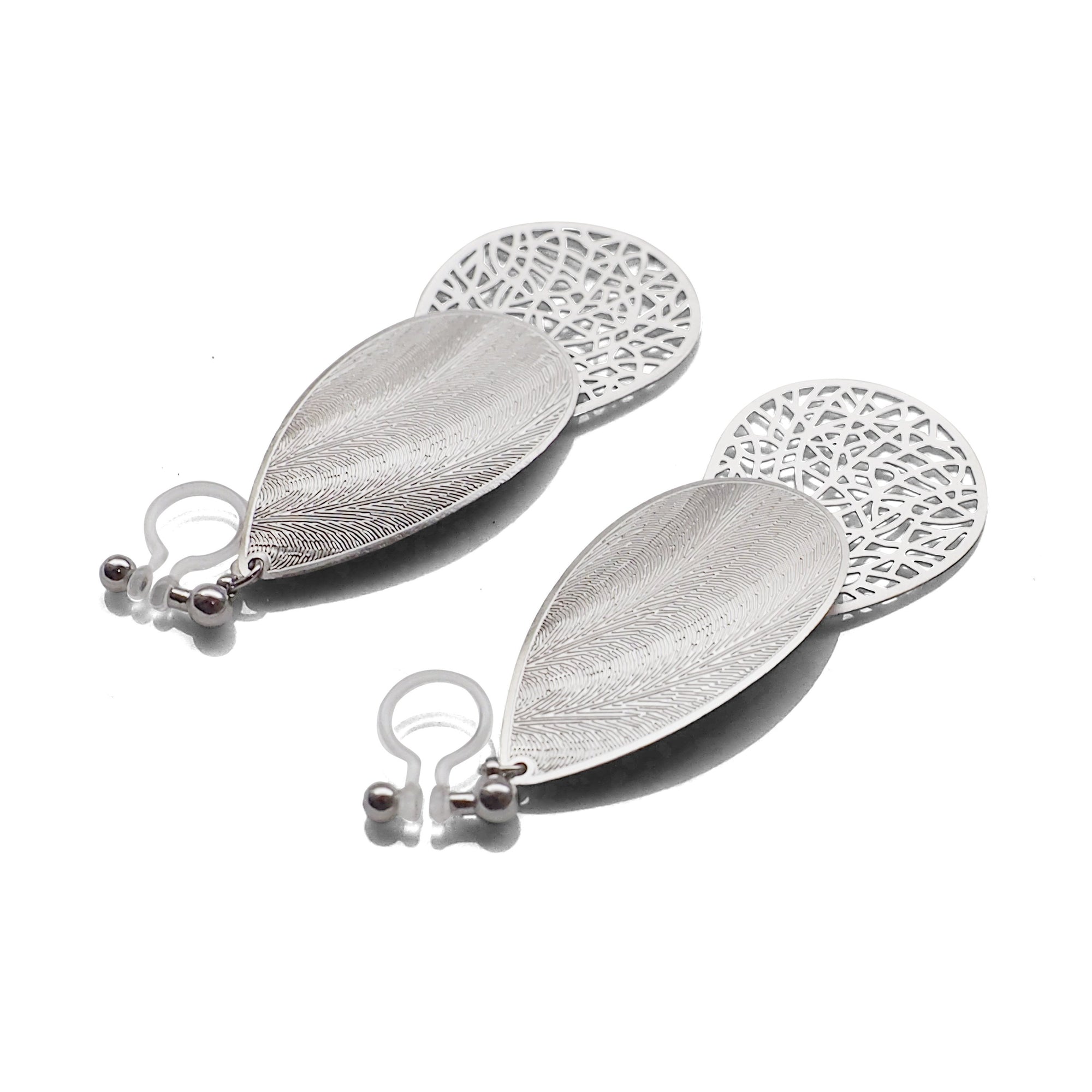 Textured  silver metal and teardrop filigree invisible clip on earrings - miyabigracejewelry.com