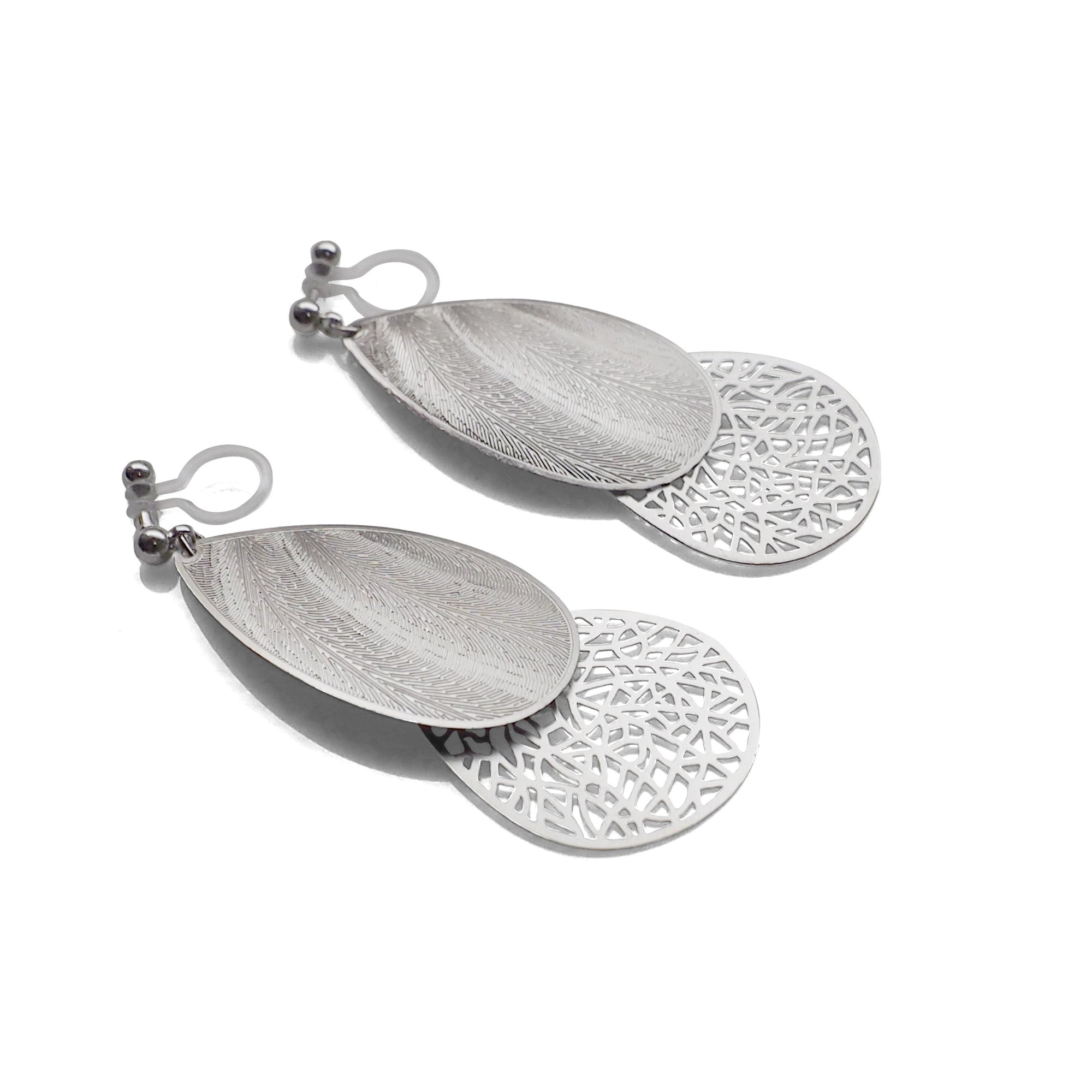 Textured  silver metal and teardrop filigree invisible clip on earrings - miyabigracejewelry.com