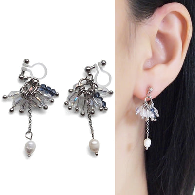Clear beads and freshwater pearl invisible clip on earrings - miyabigracejewelry.com