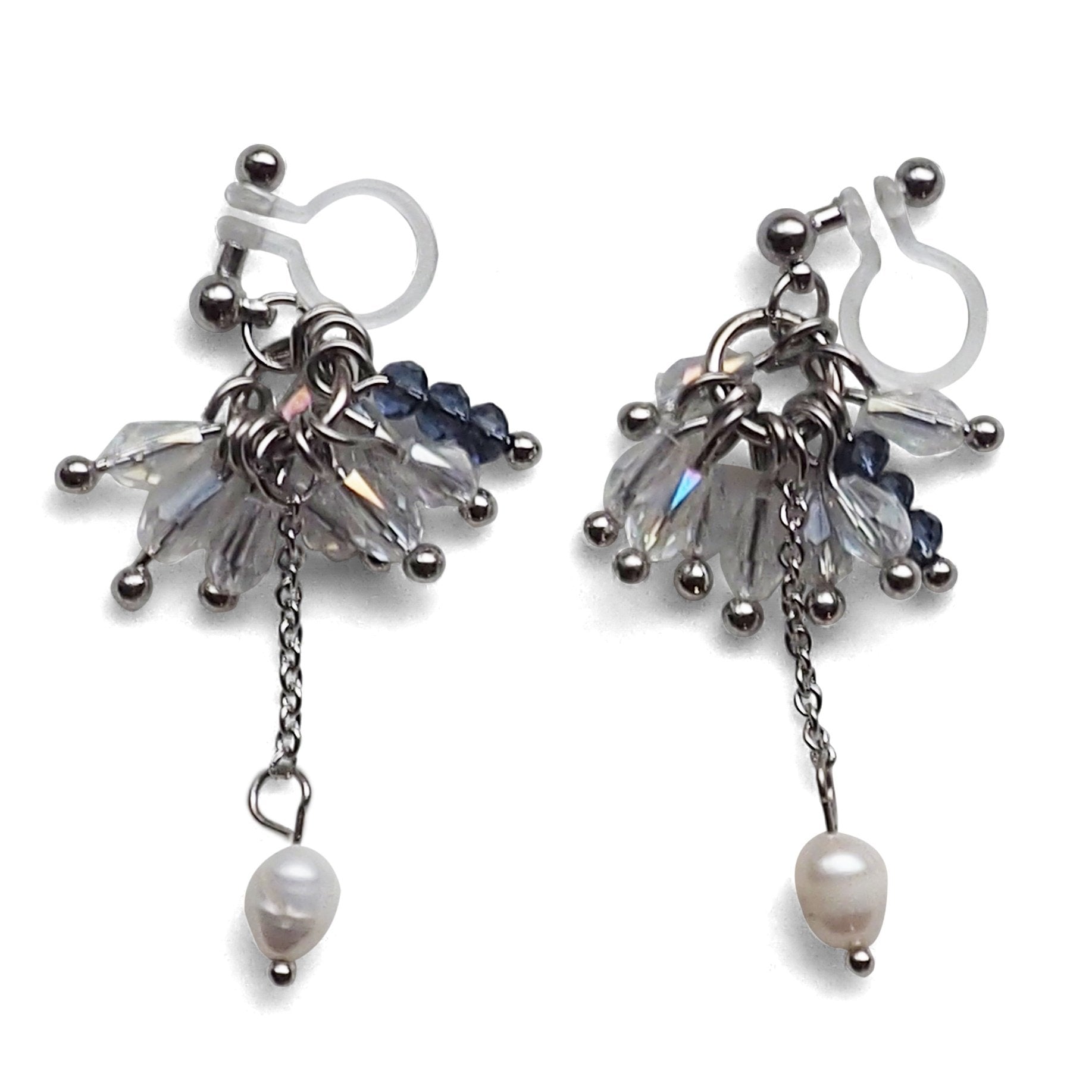 Clear beads and freshwater pearl invisible clip on earrings - miyabigracejewelry.com
