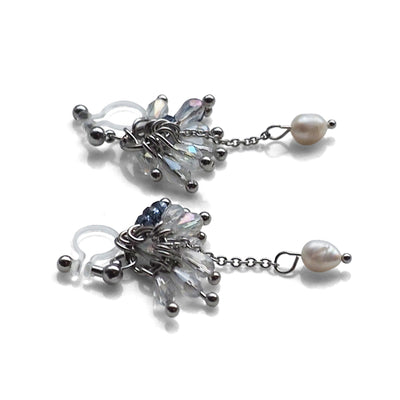 Clear beads and freshwater pearl invisible clip on earrings - miyabigracejewelry.com