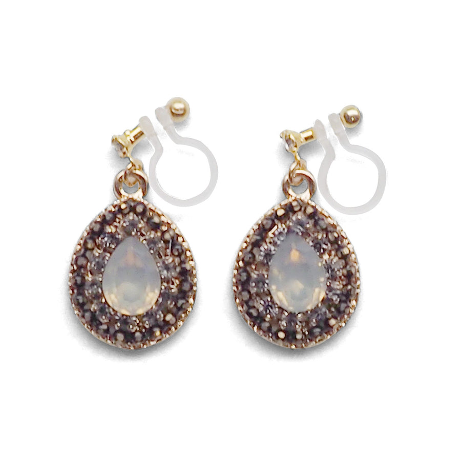 Dangle Teardrop Black and White Opal Rhinestone Crystal Invisible Clip on Earrings - miyabigracejewelry.com