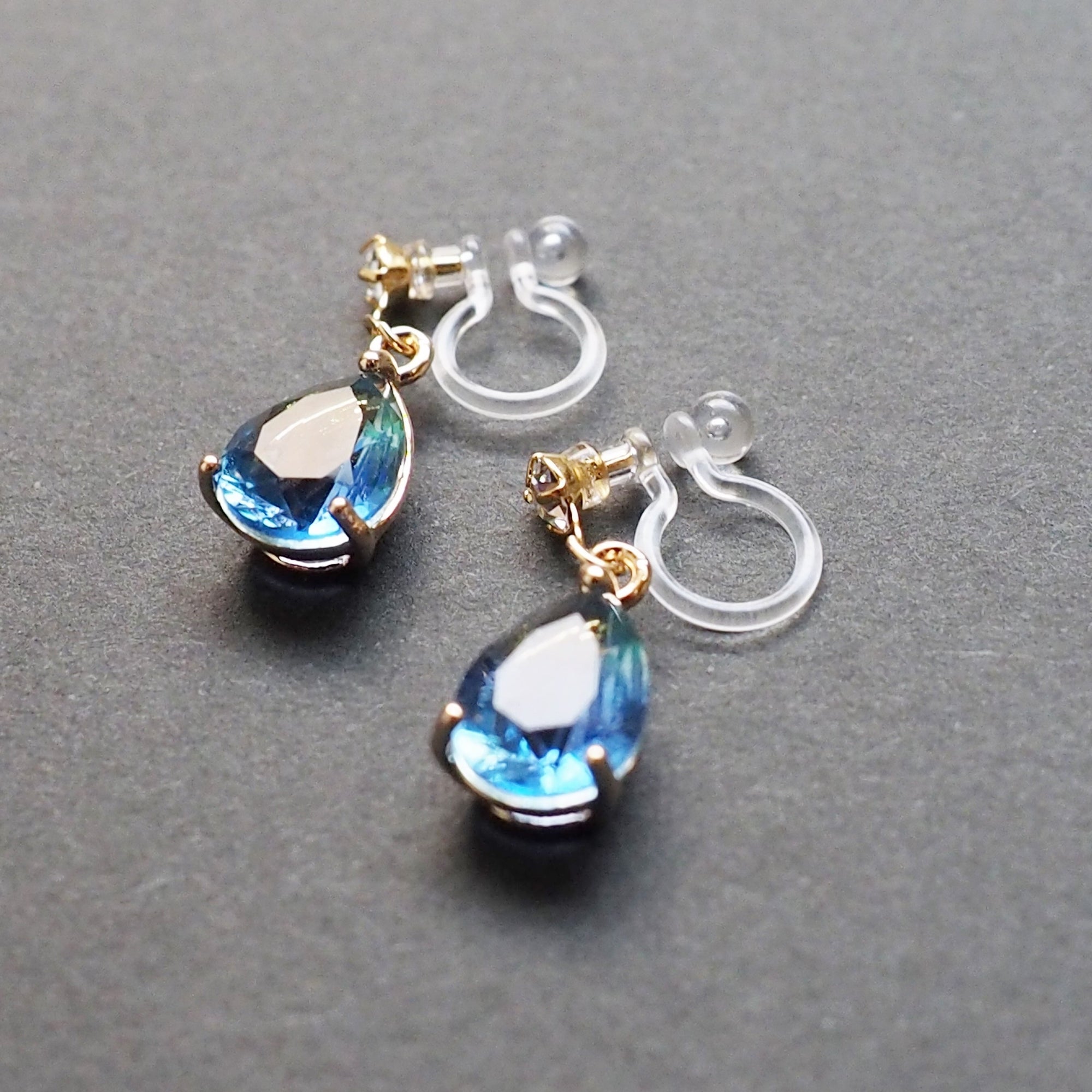 Blue Teardrop Crystal Invisible Clip On Earrings - Miyabi Grace
