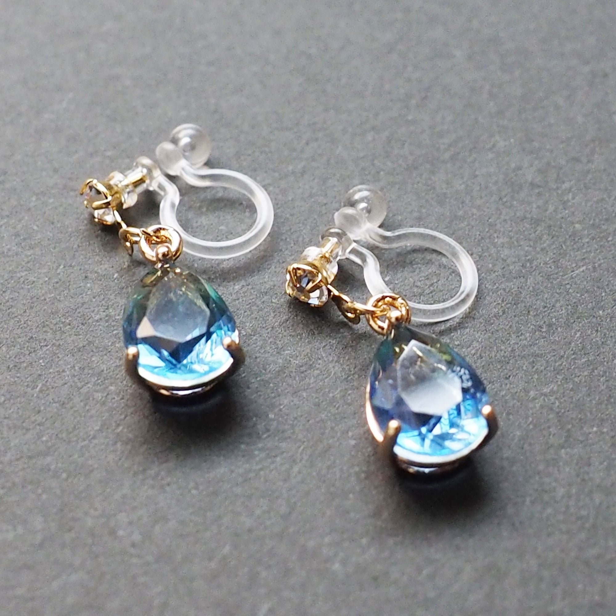 Blue Teardrop Crystal Invisible Clip On Earrings - Miyabi Grace