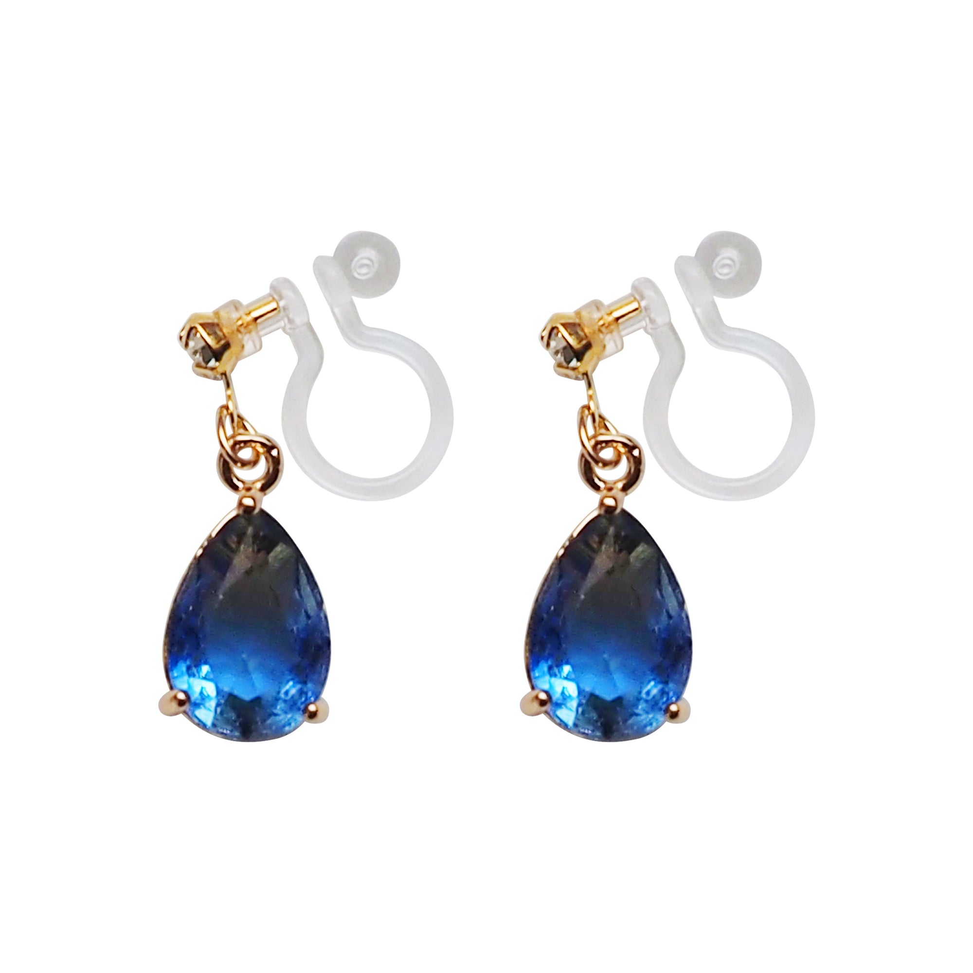 Blue Teardrop Crystal Invisible Clip On Earrings - Miyabi Grace