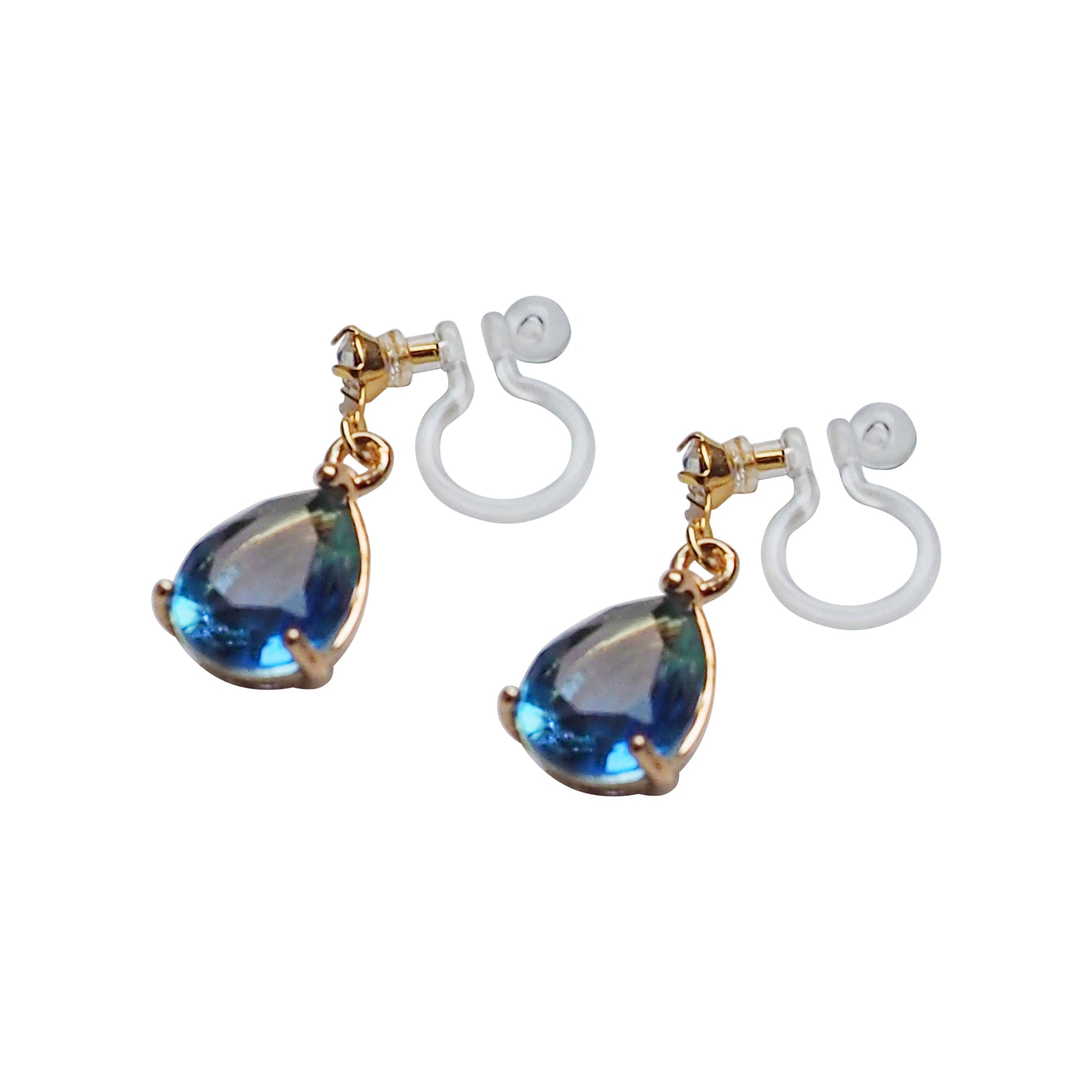 Blue Teardrop Crystal Invisible Clip On Earrings - Miyabi Grace