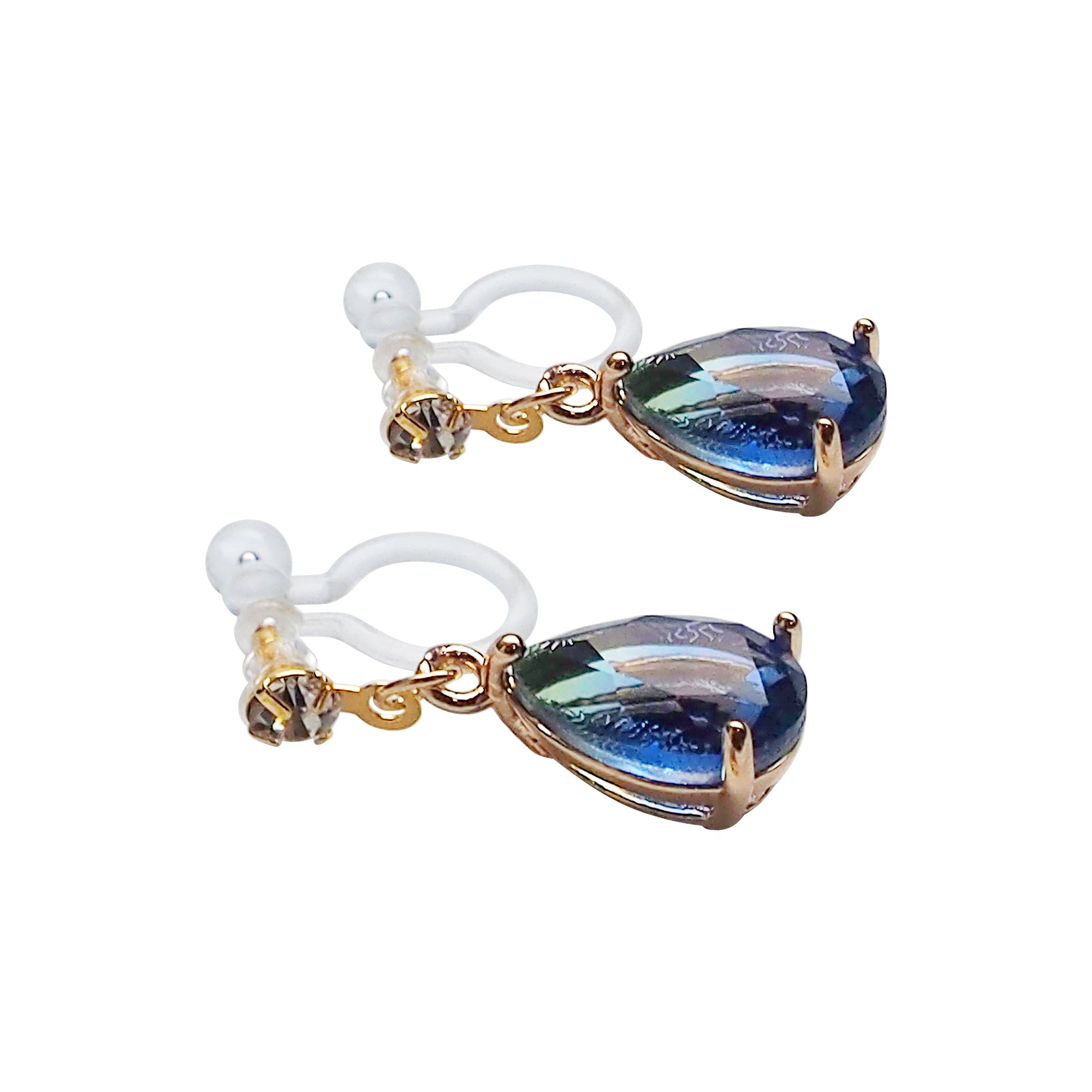 Blue Teardrop Crystal Invisible Clip On Earrings - Miyabi Grace