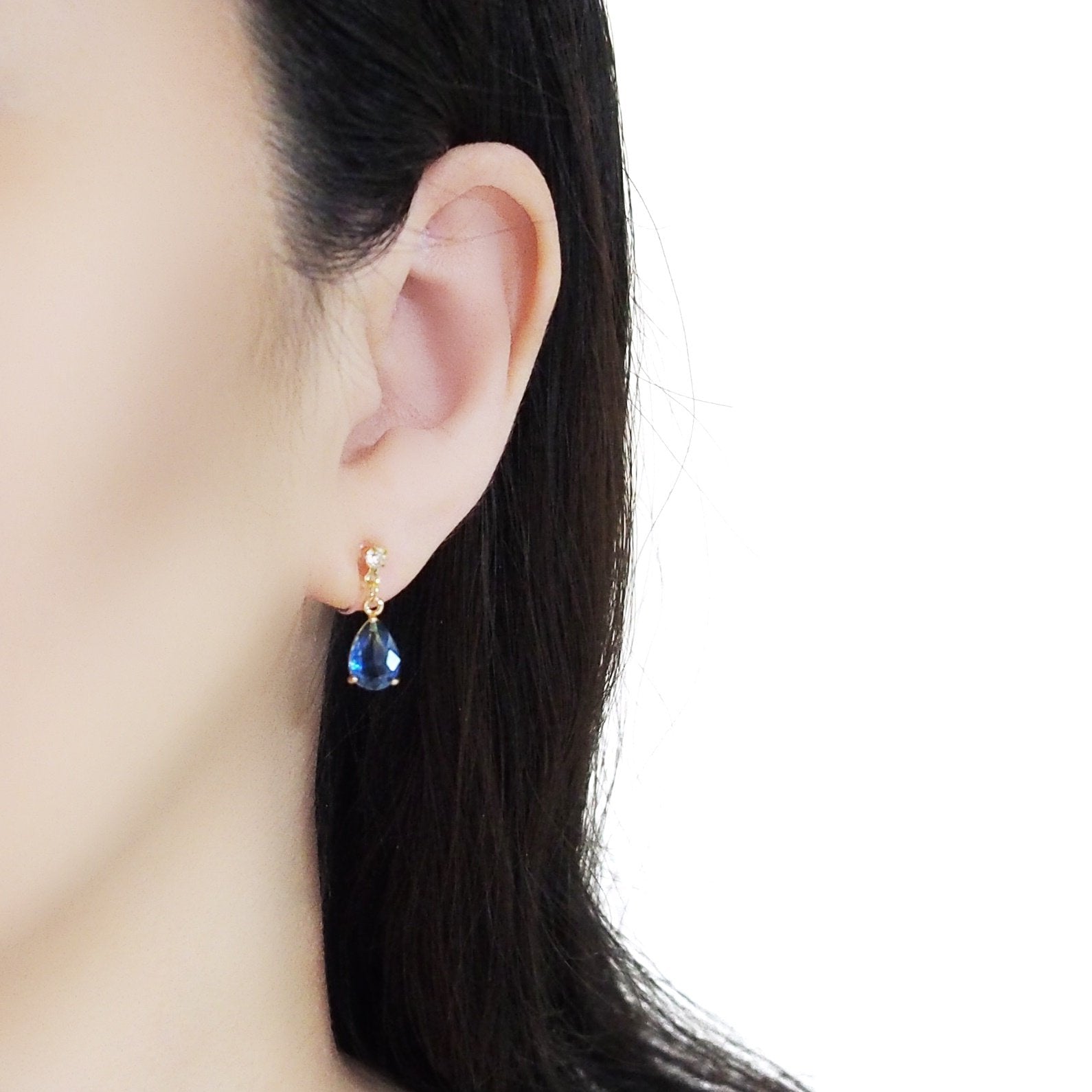 Blue Teardrop Crystal Invisible Clip On Earrings - Miyabi Grace