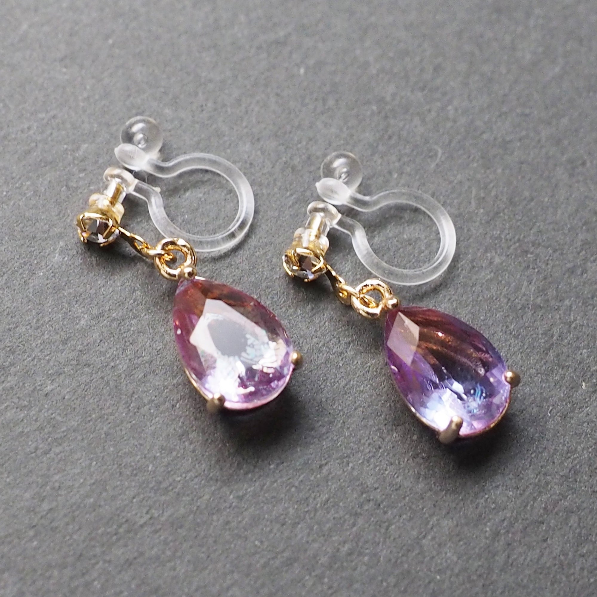 Light Purple Teardrop Crystal Invisible Clip On Earrings - Miyabi Grace