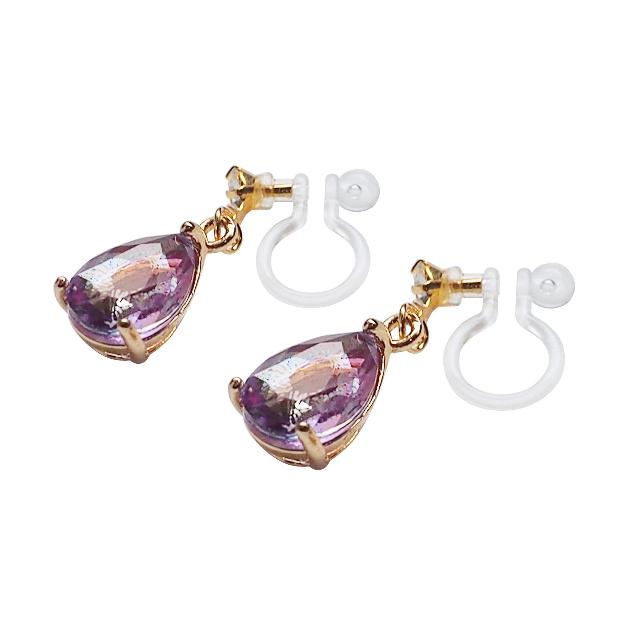 Light Purple Teardrop Crystal Invisible Clip On Earrings - Miyabi Grace