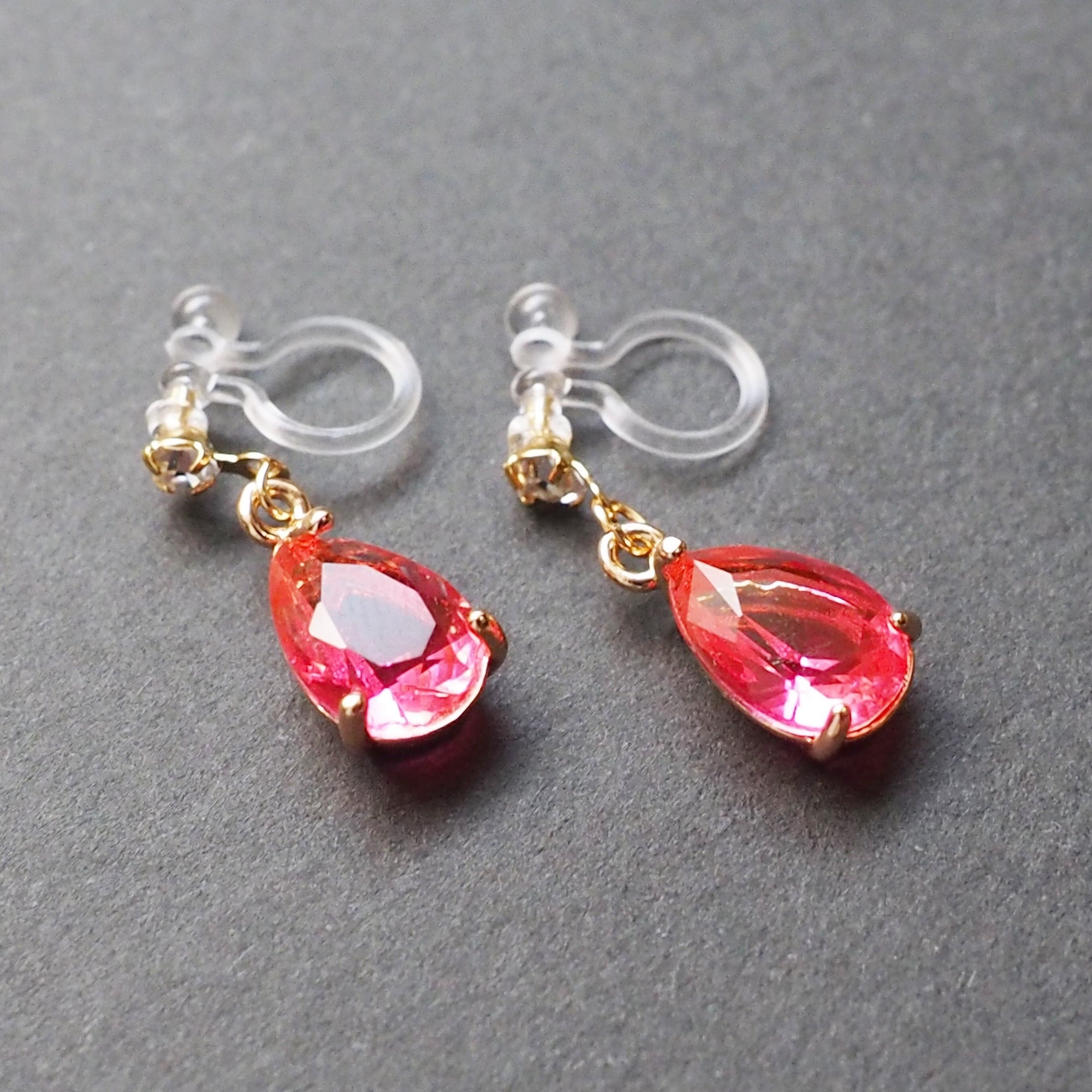 Fuschia Pink Teardrop Crystal Invisible Clip On Earrings - Miyabi Grace