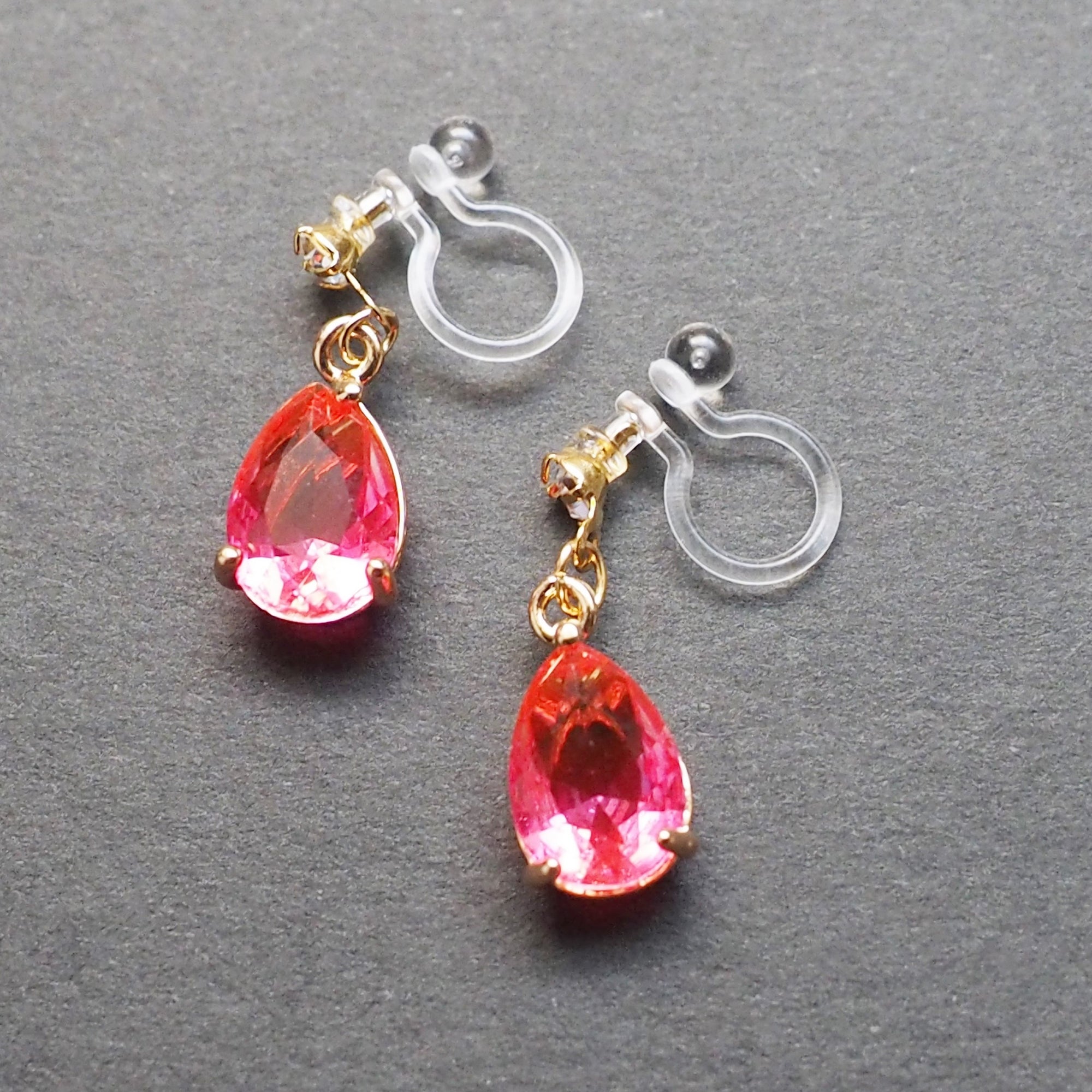 Fuschia Pink Teardrop Crystal Invisible Clip On Earrings - Miyabi Grace