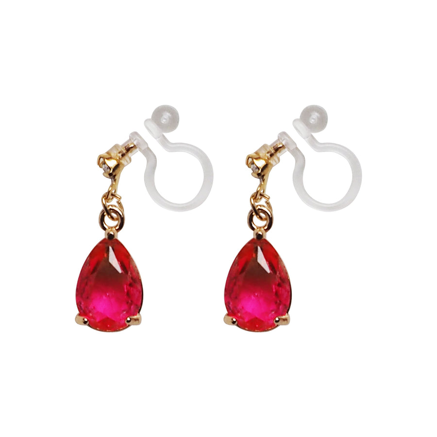 Fuschia Pink Teardrop Crystal Invisible Clip On Earrings - Miyabi Grace