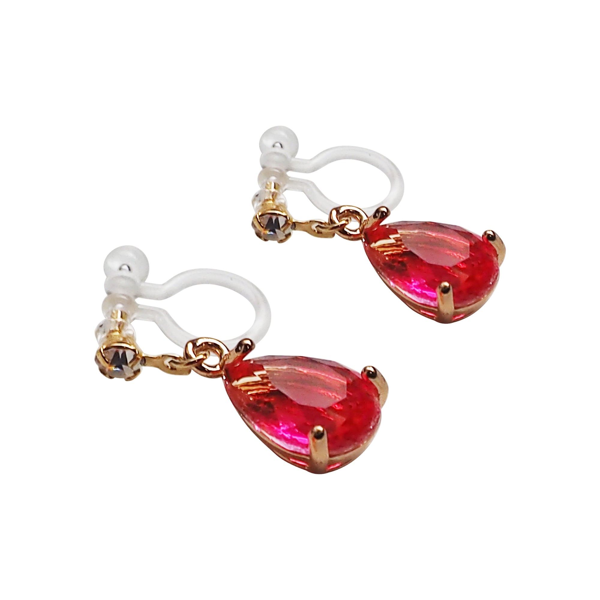 Fuschia Pink Teardrop Crystal Invisible Clip On Earrings - Miyabi Grace