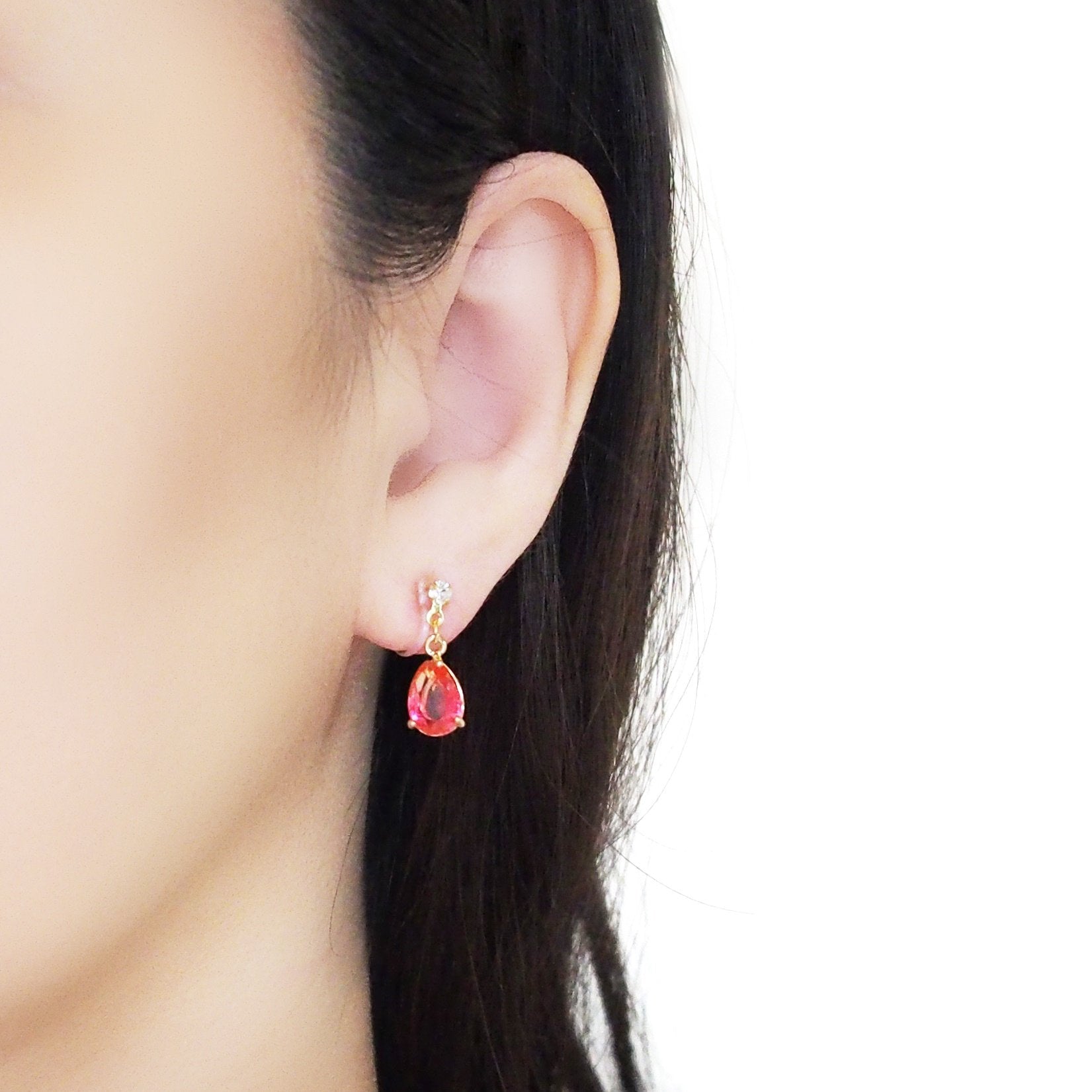 Fuschia Pink Teardrop Crystal Invisible Clip On Earrings - Miyabi Grace