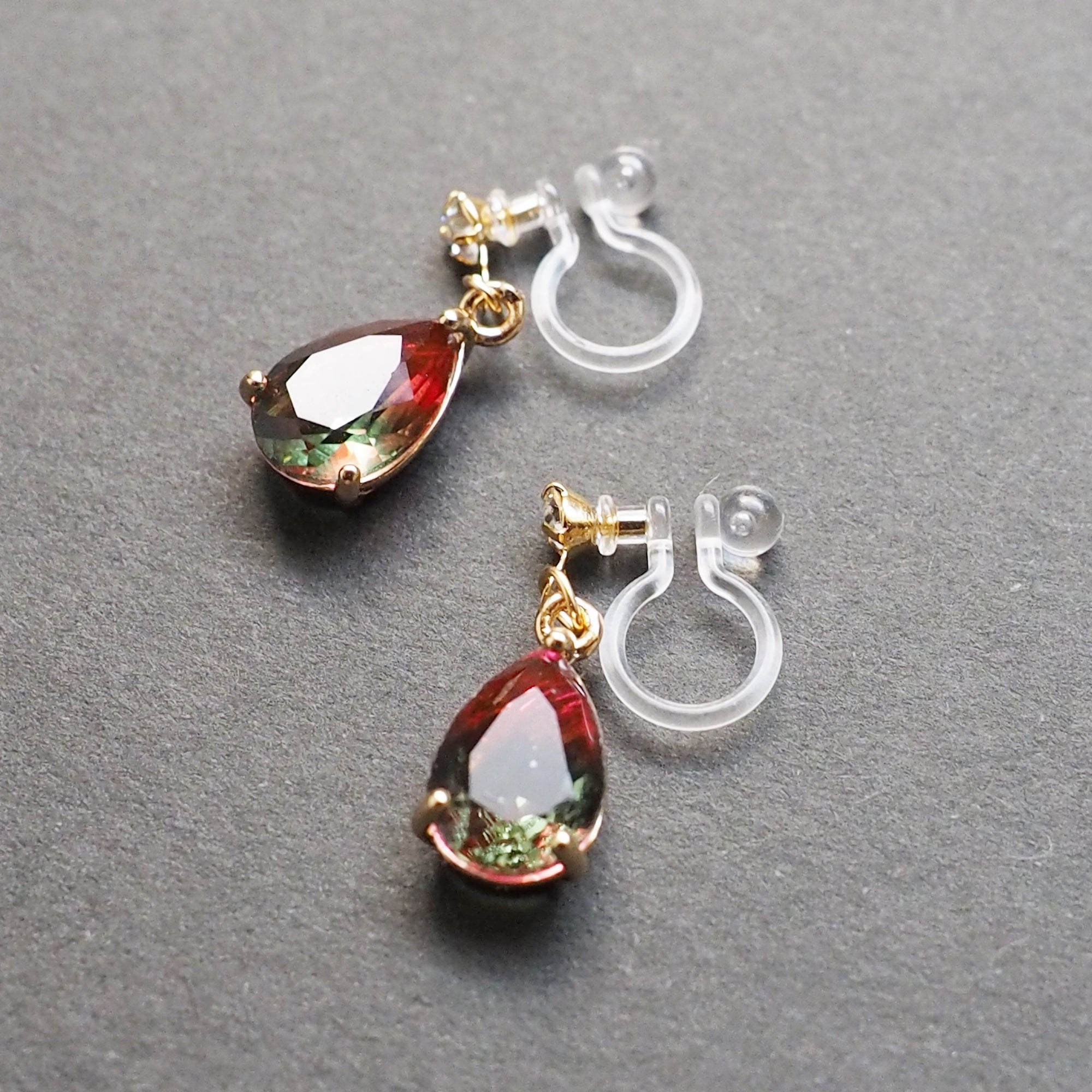 Red & Green Teardrop Crystal Invisible Clip On Earrings - Miyabi Grace
