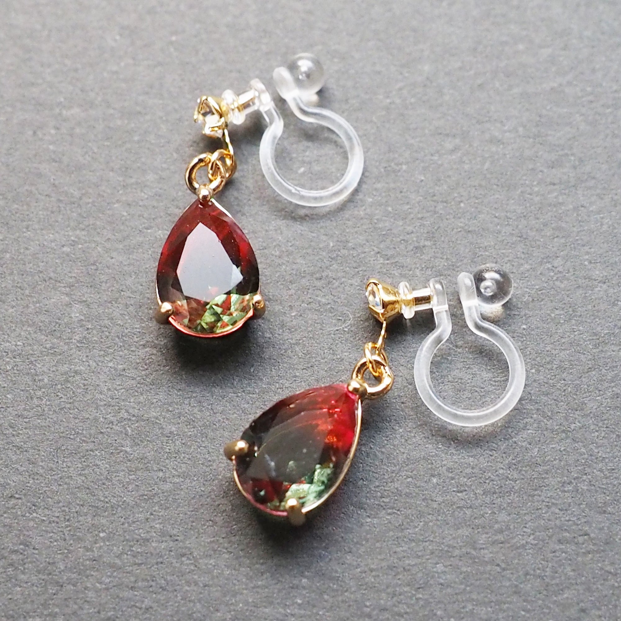 Red & Green Teardrop Crystal Invisible Clip On Earrings - Miyabi Grace