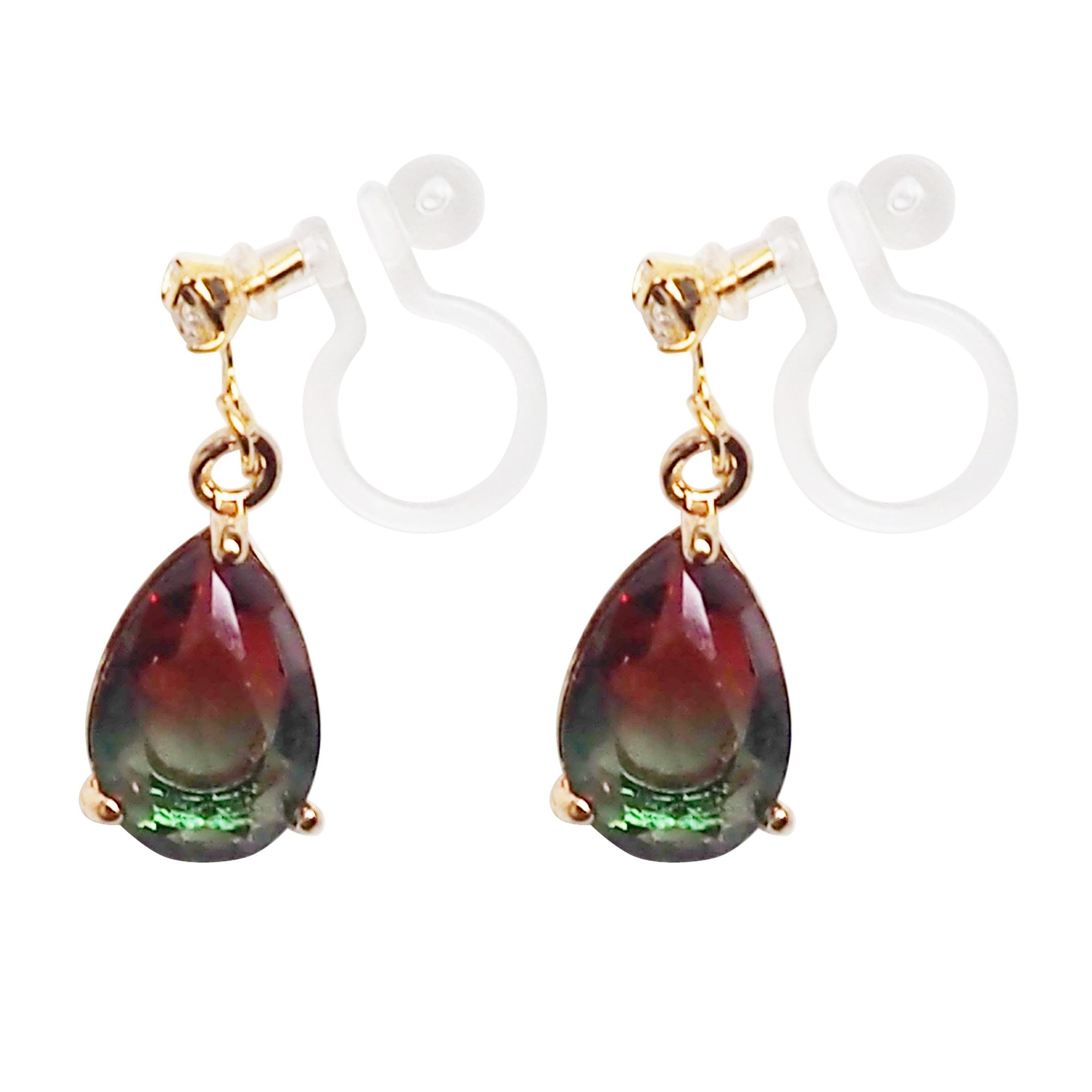 Red & Green Teardrop Crystal Invisible Clip On Earrings - Miyabi Grace