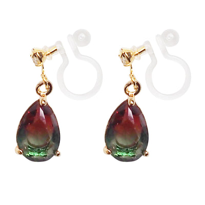 Red & Green Teardrop Crystal Invisible Clip On Earrings - Miyabi Grace