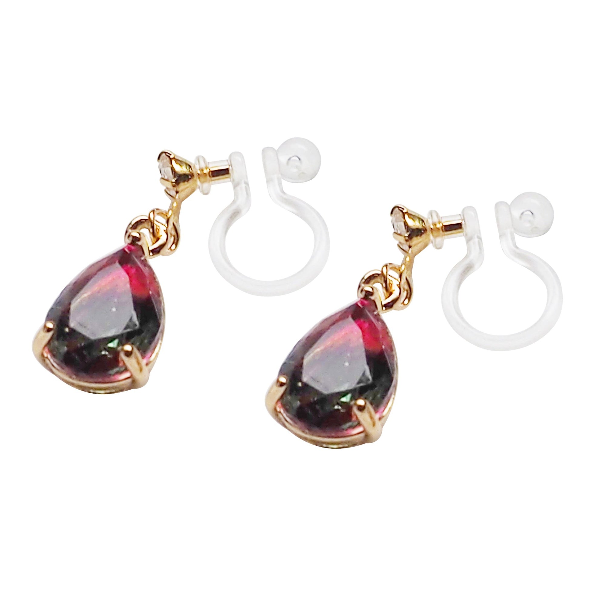 Red & Green Teardrop Crystal Invisible Clip On Earrings - Miyabi Grace