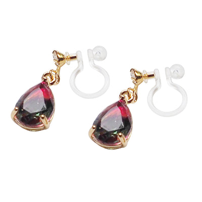 Red & Green Teardrop Crystal Invisible Clip On Earrings - Miyabi Grace