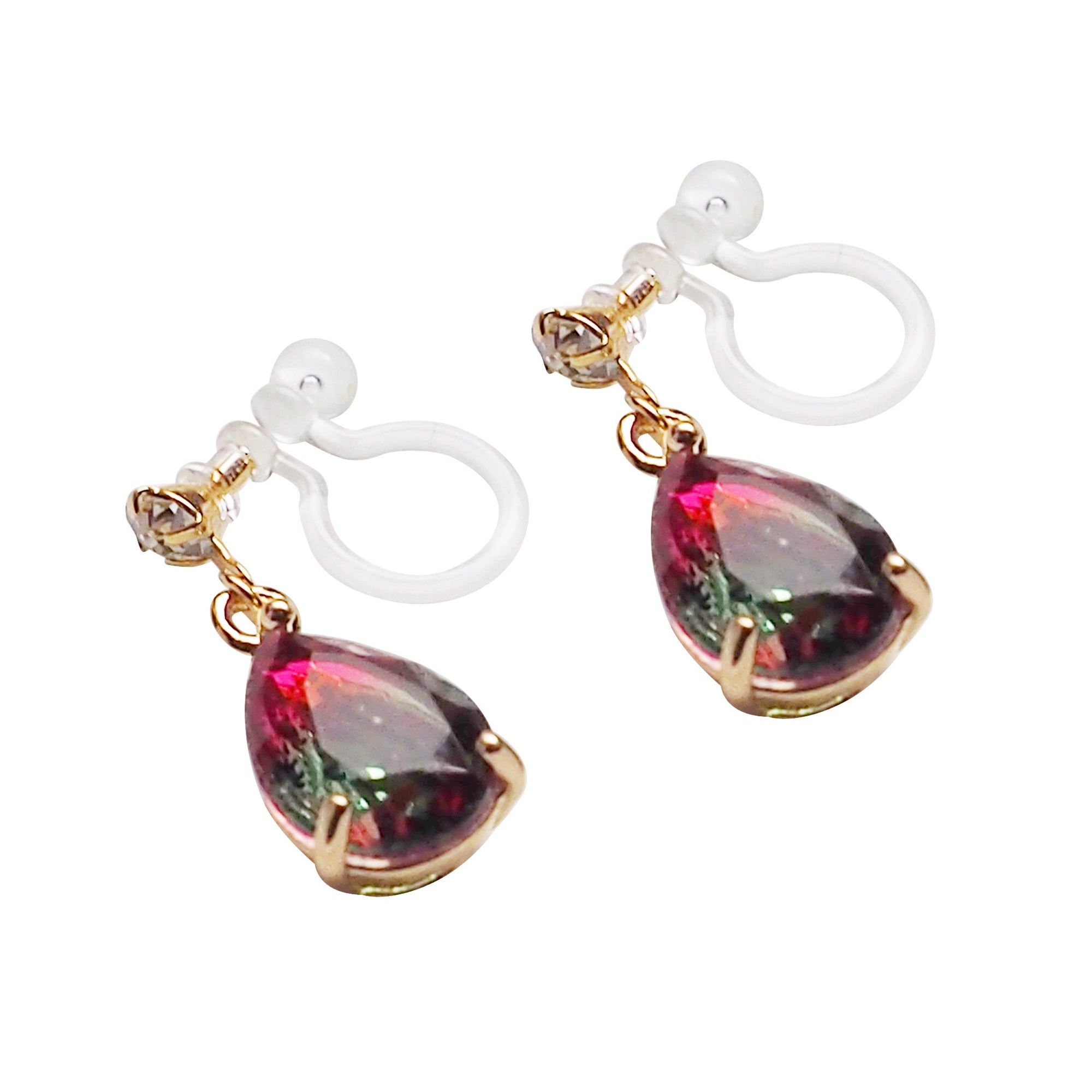 Red & Green Teardrop Crystal Invisible Clip On Earrings - Miyabi Grace