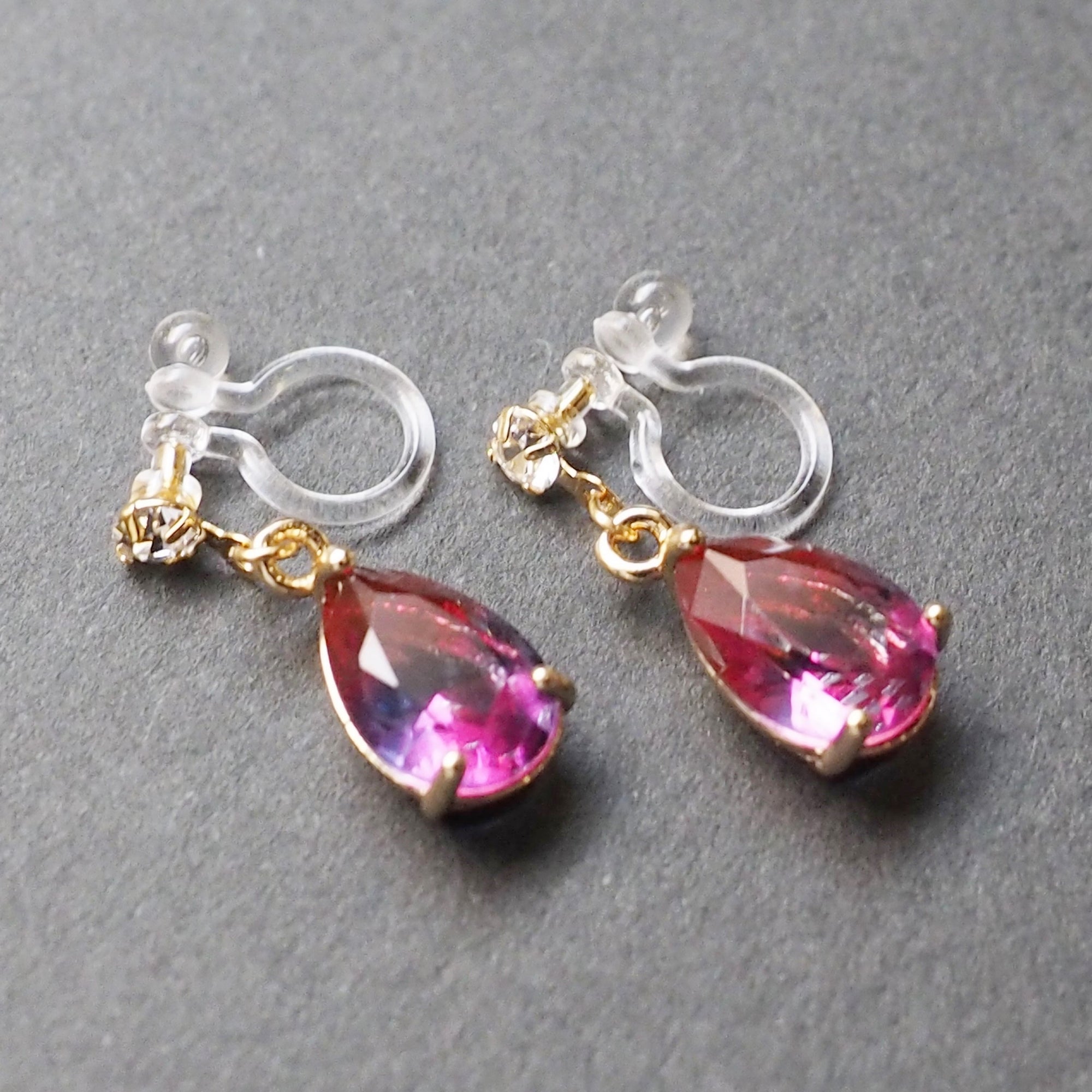 Pink & Navy Blue Teardrop Crystal Invisible Clip On Earrings - Miyabi Grace
