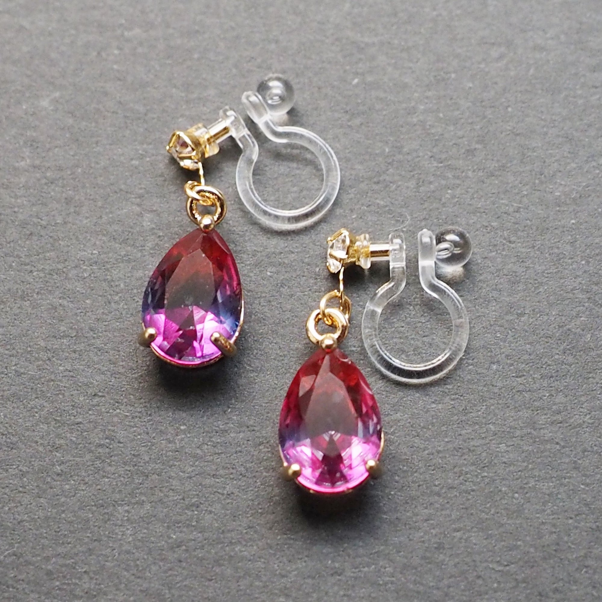 Pink & Navy Blue Teardrop Crystal Invisible Clip On Earrings - Miyabi Grace