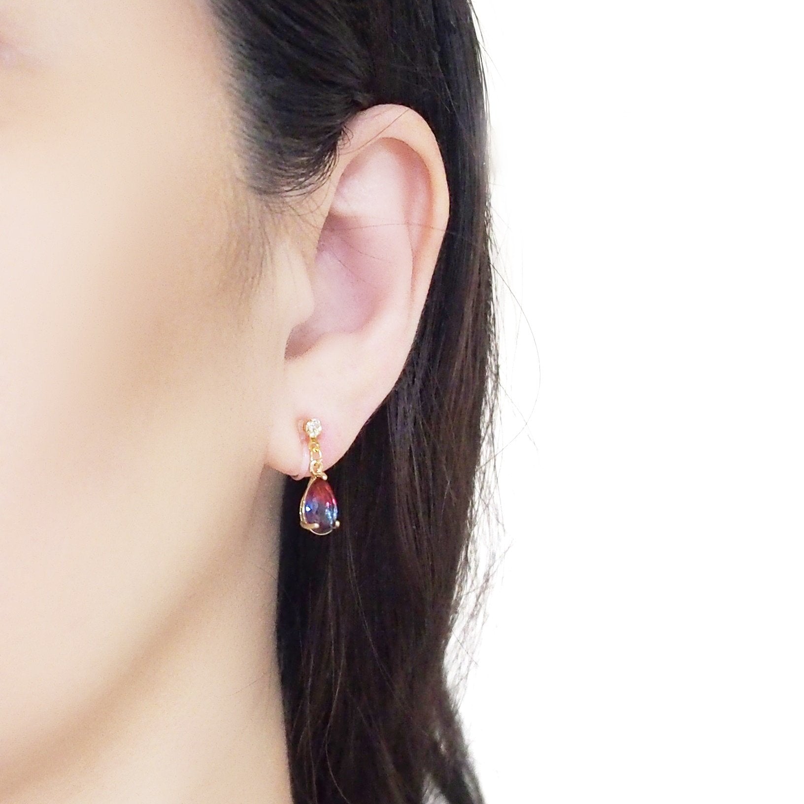 Pink & Navy Blue Teardrop Crystal Invisible Clip On Earrings - Miyabi Grace