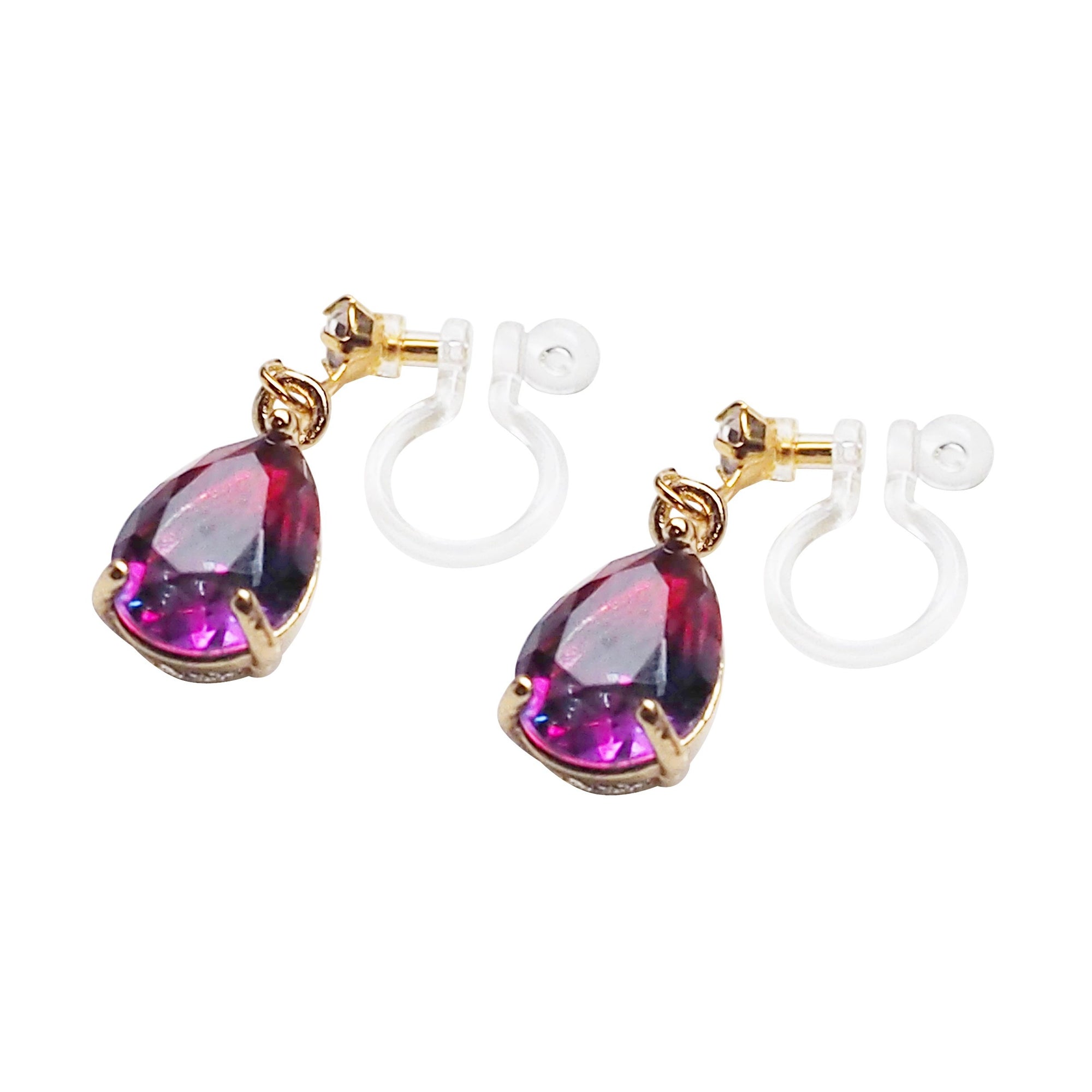 Pink & Navy Blue Teardrop Crystal Invisible Clip On Earrings - Miyabi Grace