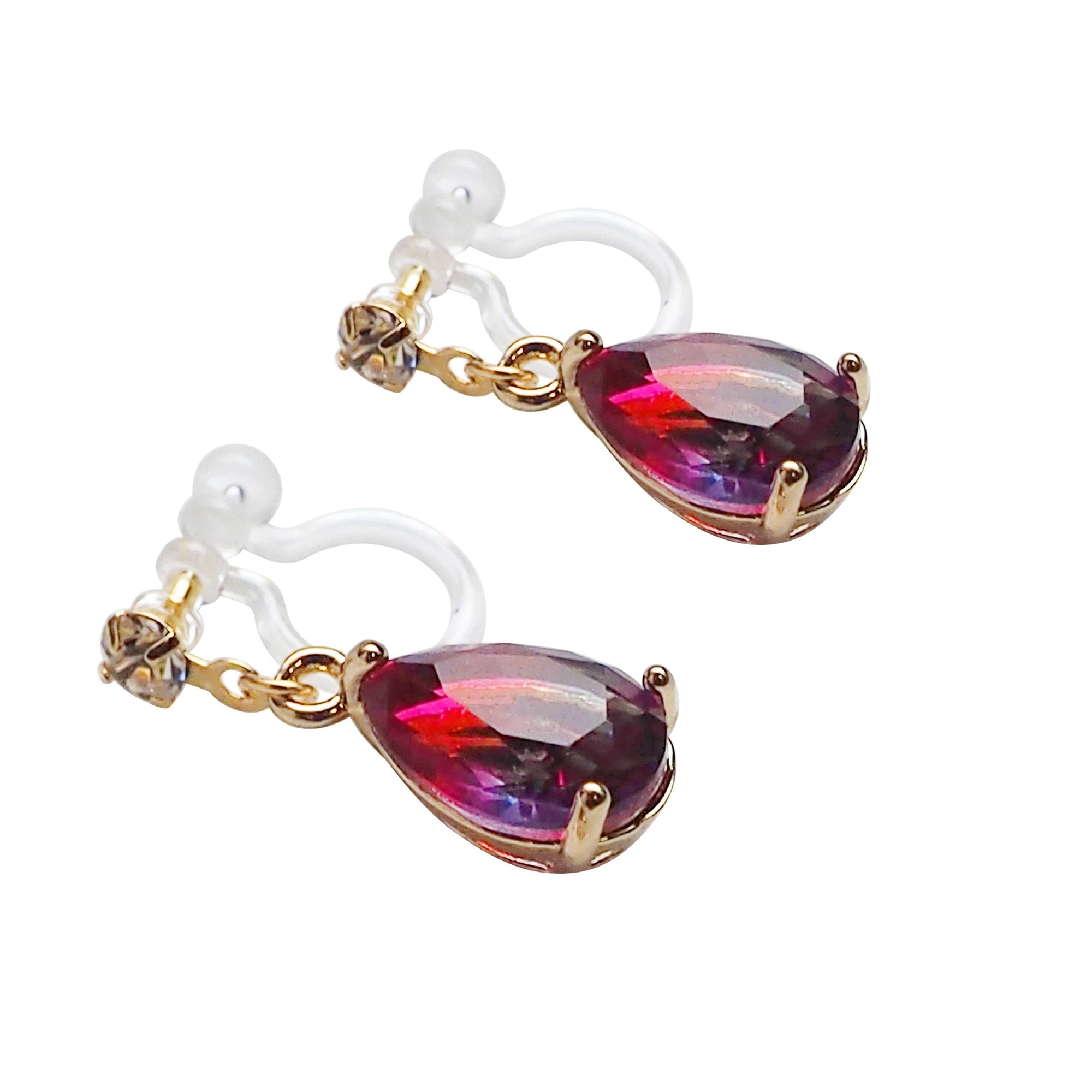 Pink & Navy Blue Teardrop Crystal Invisible Clip On Earrings - Miyabi Grace