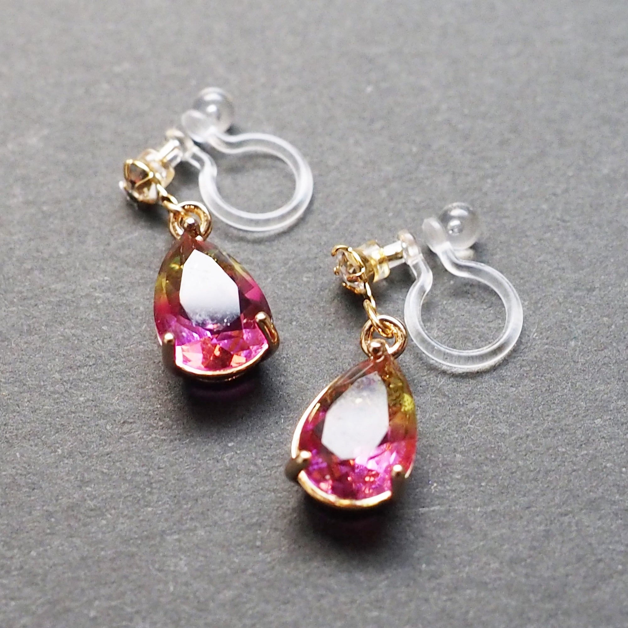 Yellow & Pink Teardrop Crystal Invisible Clip On Earrings - Miyabi Grace