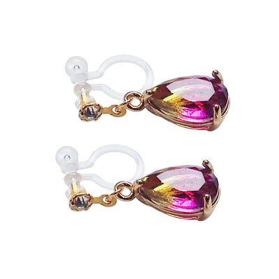 Yellow & Pink Teardrop Crystal Invisible Clip On Earrings - Miyabi Grace