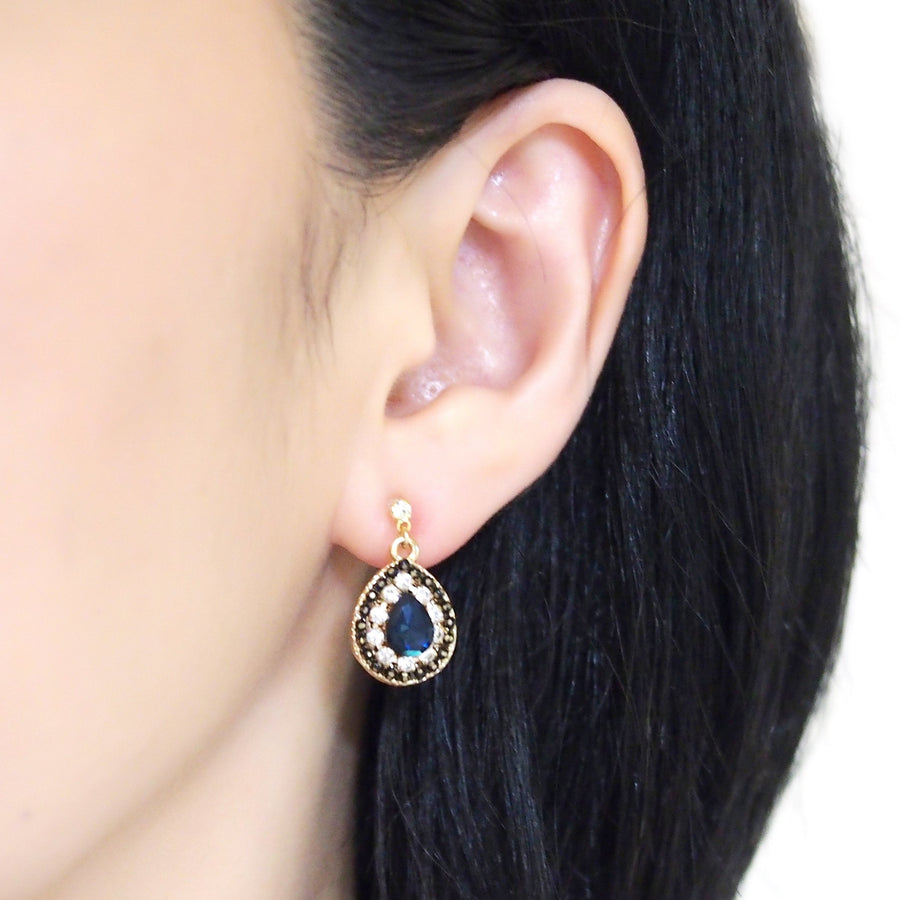 Dangle Teardrop Navy Blue and Clear Rhinestone Crystal Invisible Clip on Earrings - miyabigracejewelry.com