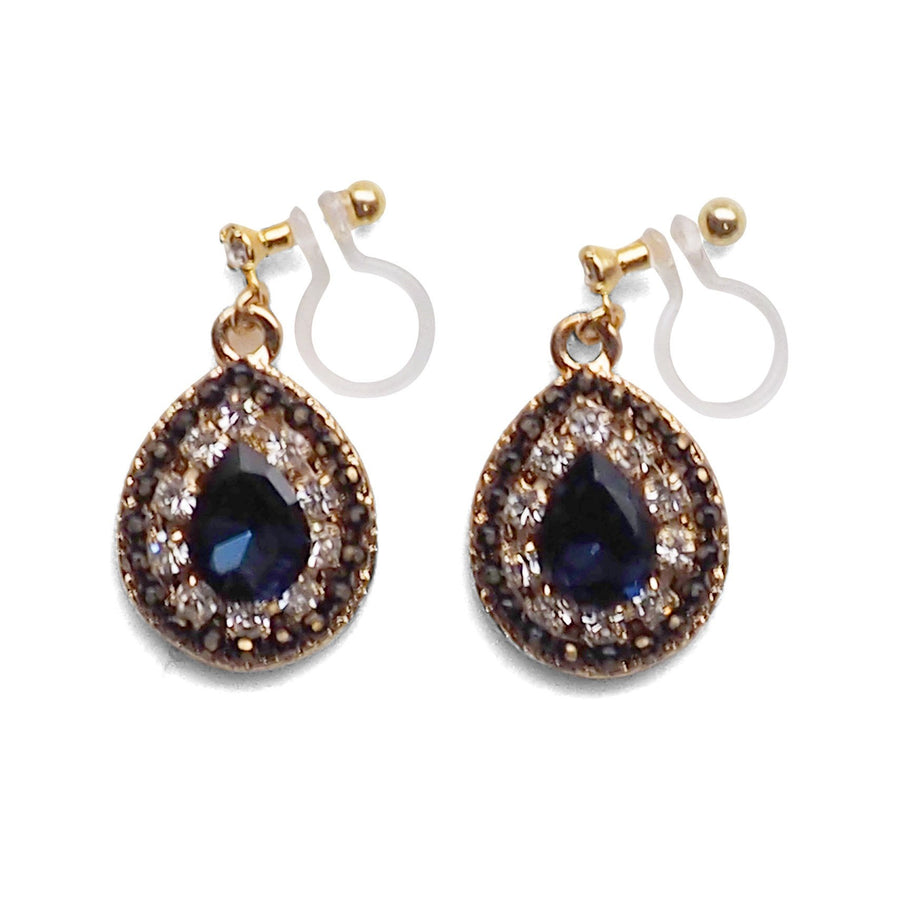 Dangle Teardrop Navy Blue and Clear Rhinestone Crystal Invisible Clip on Earrings - miyabigracejewelry.com