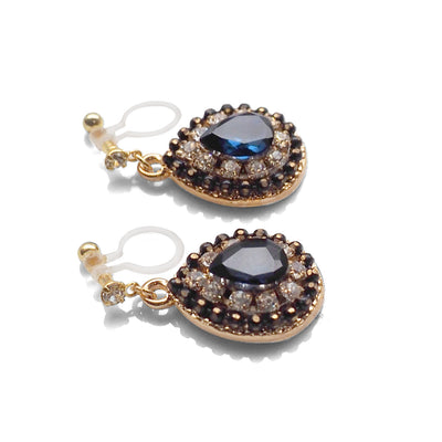 Dangle Teardrop Navy Blue and Clear Rhinestone Crystal Invisible Clip on Earrings - miyabigracejewelry.com