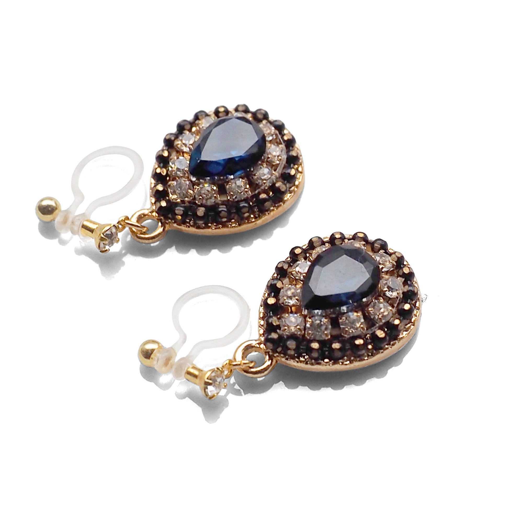 Dangle Teardrop Navy Blue and Clear Rhinestone Crystal Invisible Clip on Earrings - miyabigracejewelry.com