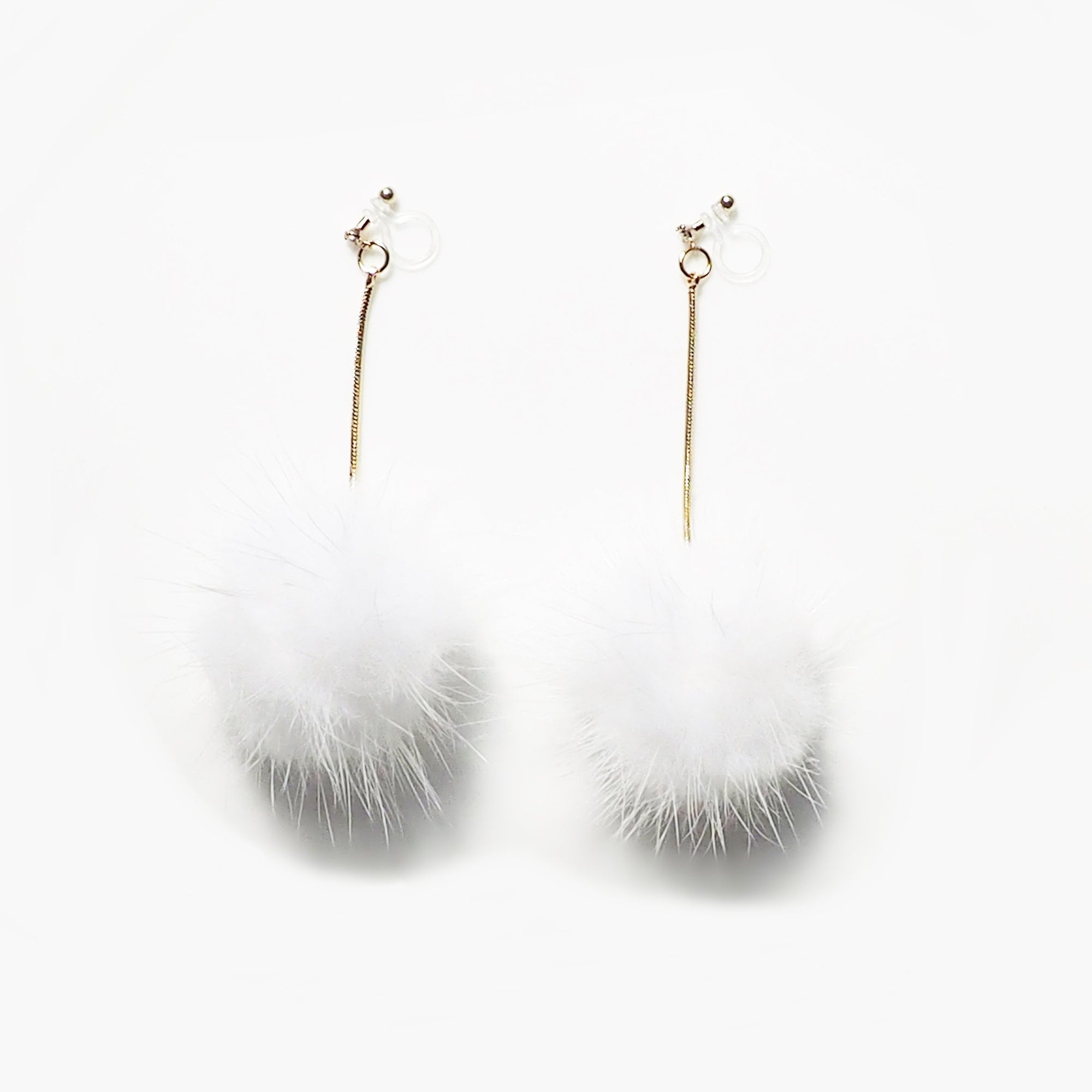 White Mink Fur Pom Pom Invisible Clip On Earrings - miyabigracejewelry.com